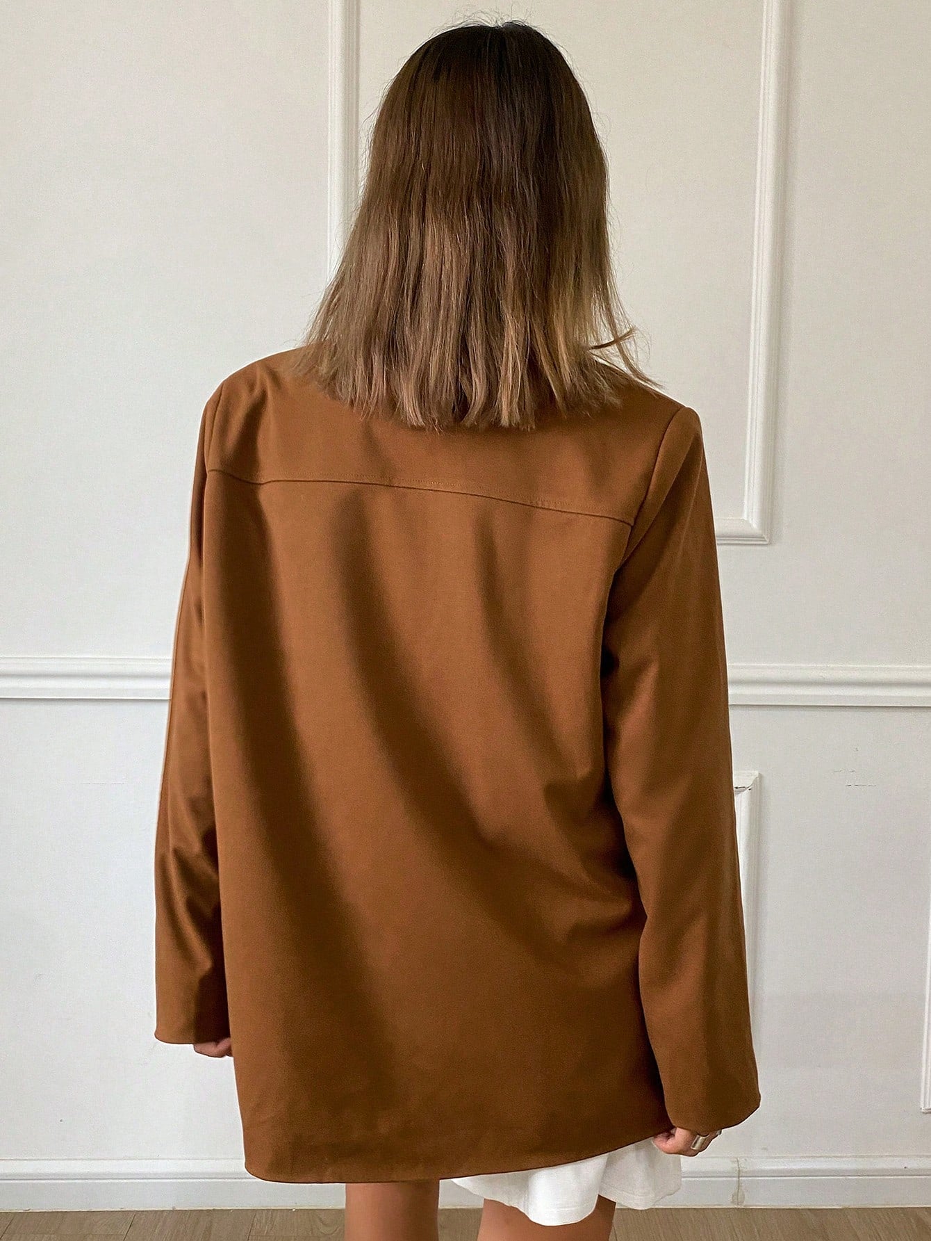 CM-CS547133 Women Casual Seoul Style Lapel Neckline Long Sleeve Pocket Suit Jacket - Brown