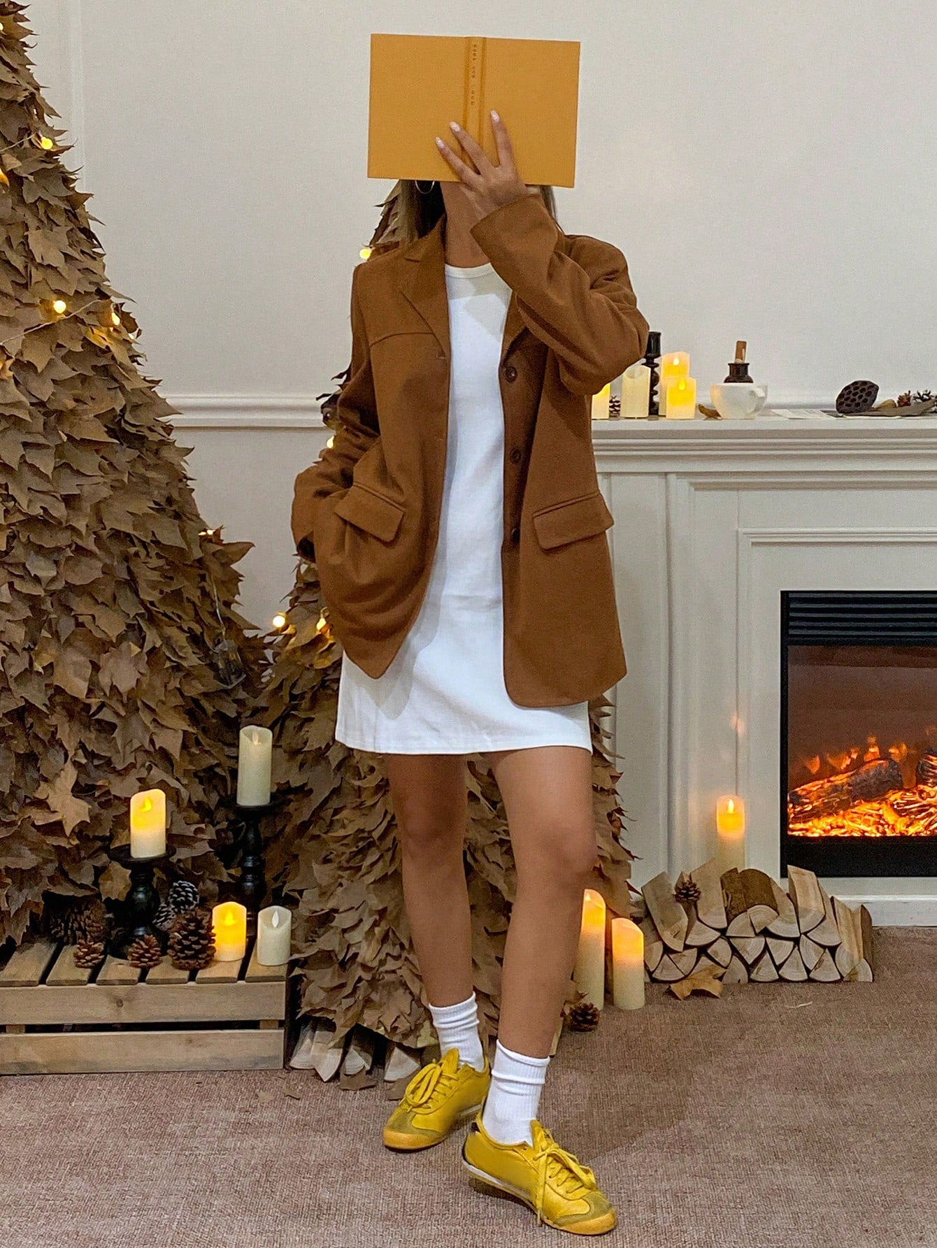 CM-CS547133 Women Casual Seoul Style Lapel Neckline Long Sleeve Pocket Suit Jacket - Brown