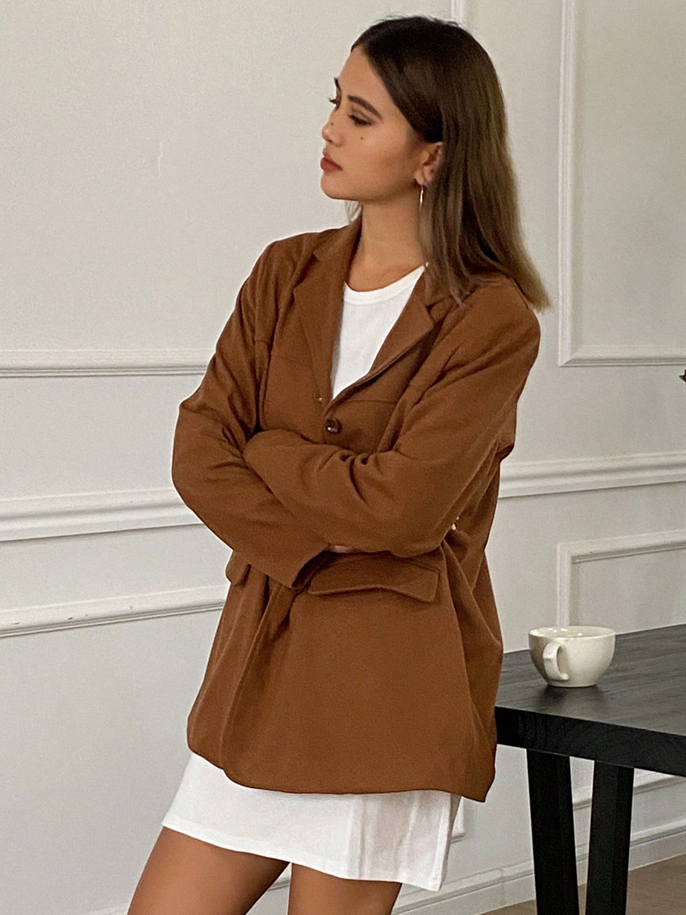 CM-CS547133 Women Casual Seoul Style Lapel Neckline Long Sleeve Pocket Suit Jacket - Brown