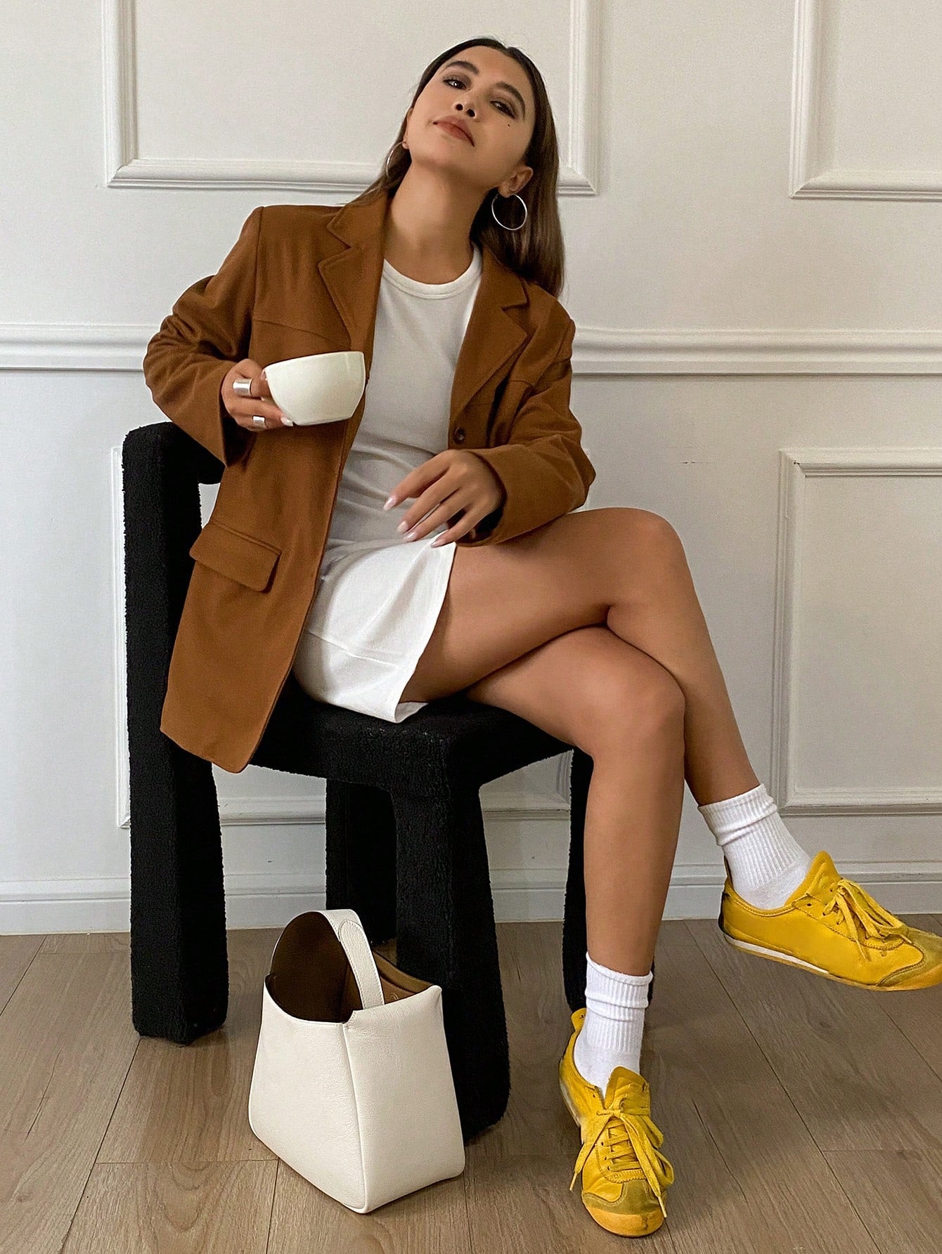 CM-CS547133 Women Casual Seoul Style Lapel Neckline Long Sleeve Pocket Suit Jacket - Brown