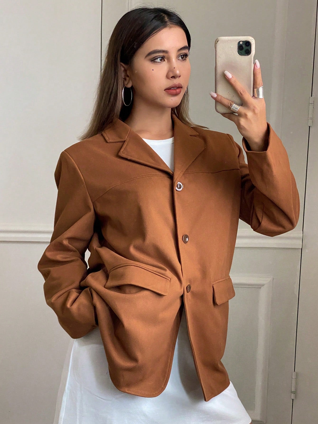 CM-CS547133 Women Casual Seoul Style Lapel Neckline Long Sleeve Pocket Suit Jacket - Brown