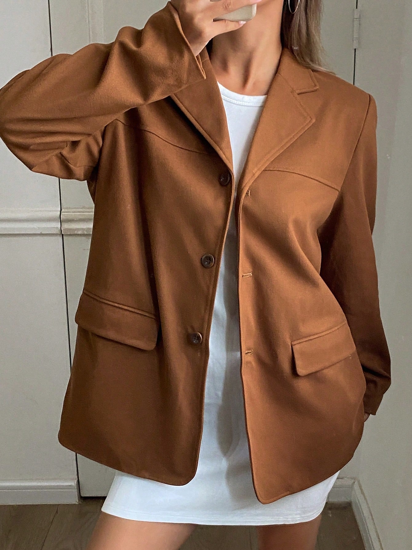 CM-CS547133 Women Casual Seoul Style Lapel Neckline Long Sleeve Pocket Suit Jacket - Brown