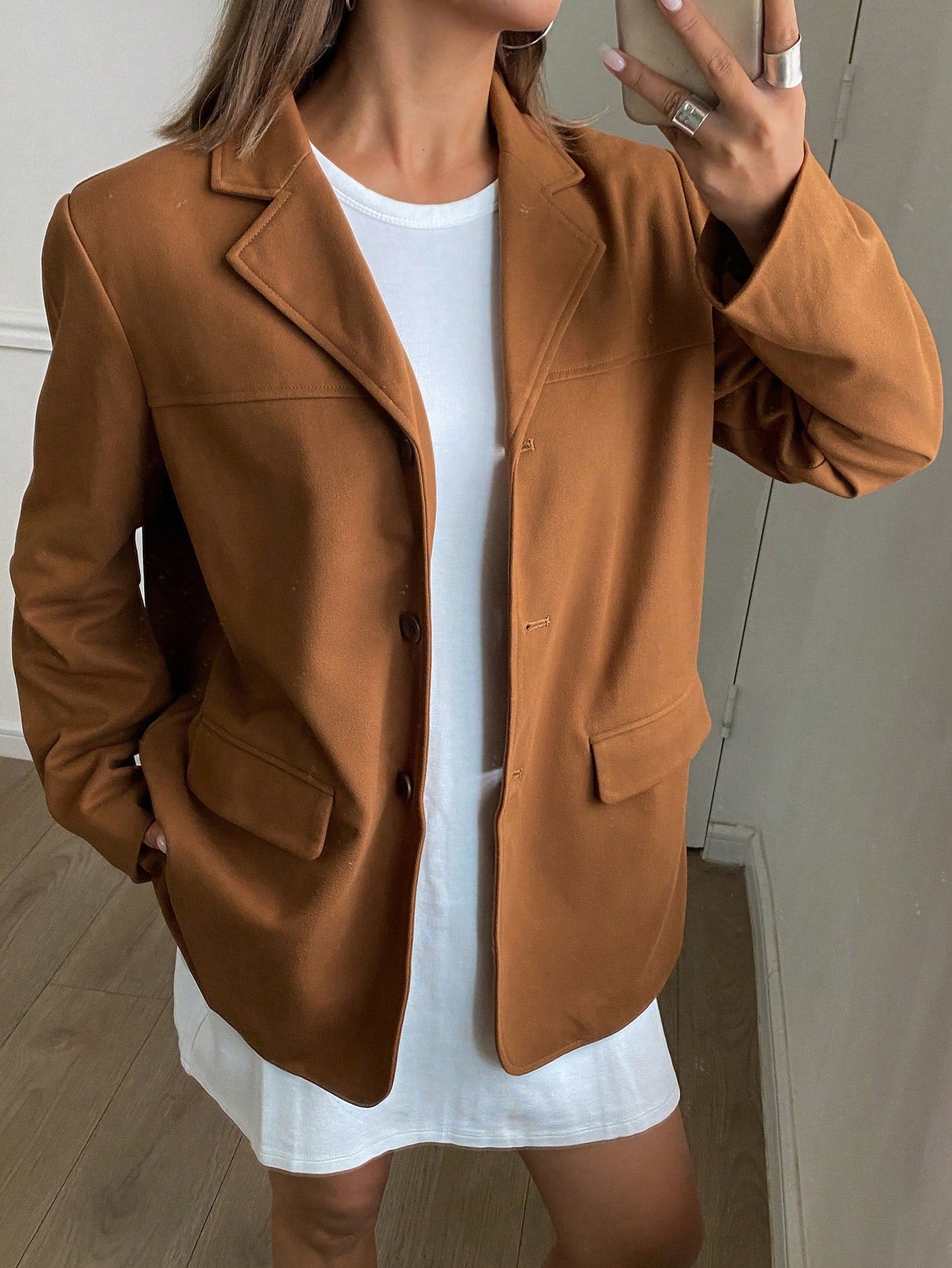 CM-CS547133 Women Casual Seoul Style Lapel Neckline Long Sleeve Pocket Suit Jacket - Brown