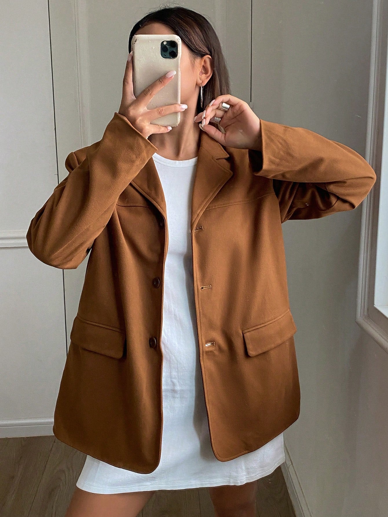 CM-CS547133 Women Casual Seoul Style Lapel Neckline Long Sleeve Pocket Suit Jacket - Brown