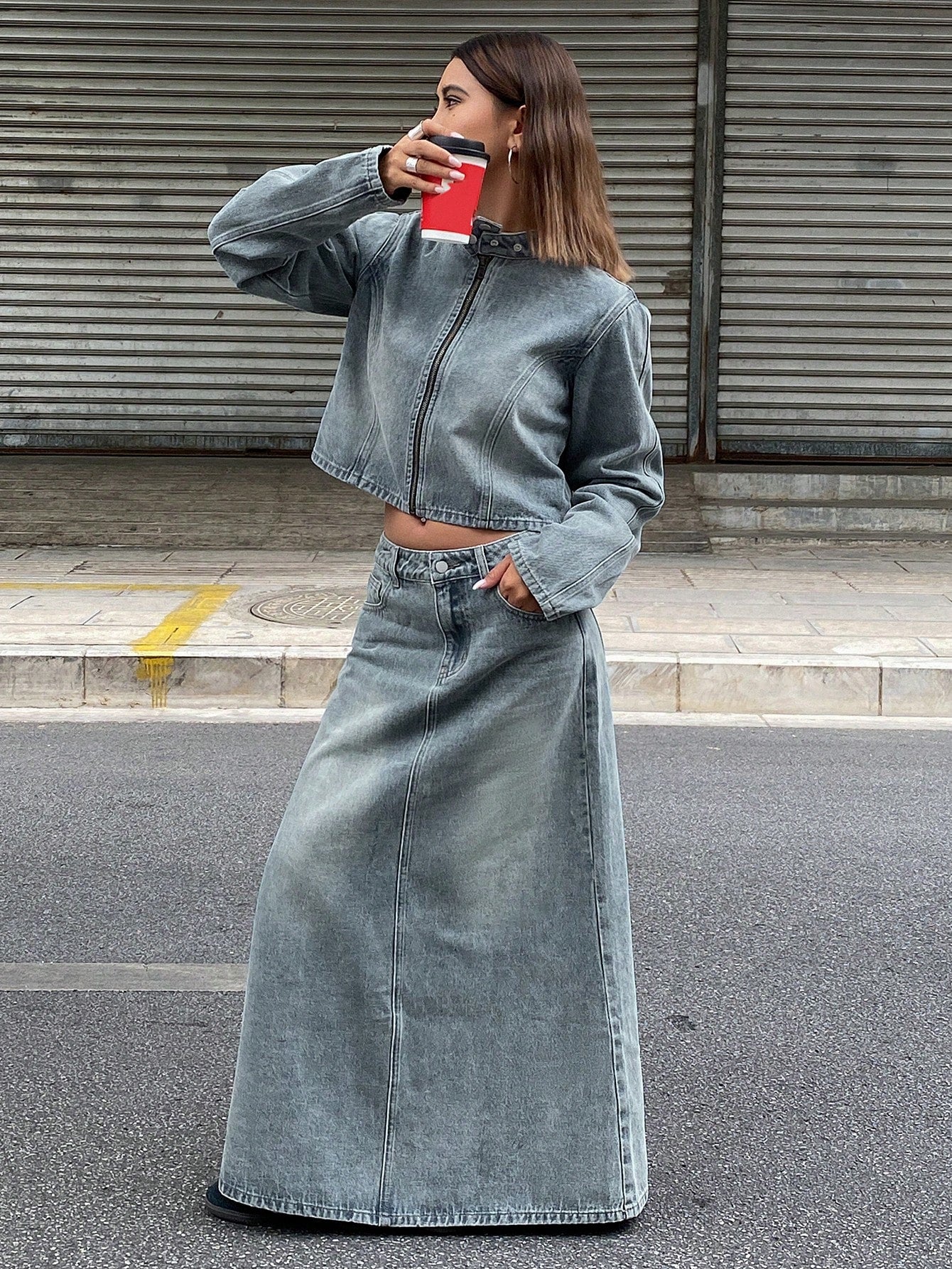 CM-SS490737 Women Casual Seoul Style Distressed Stand Collar Zip-Up Jacket With Denim Skirt - Set