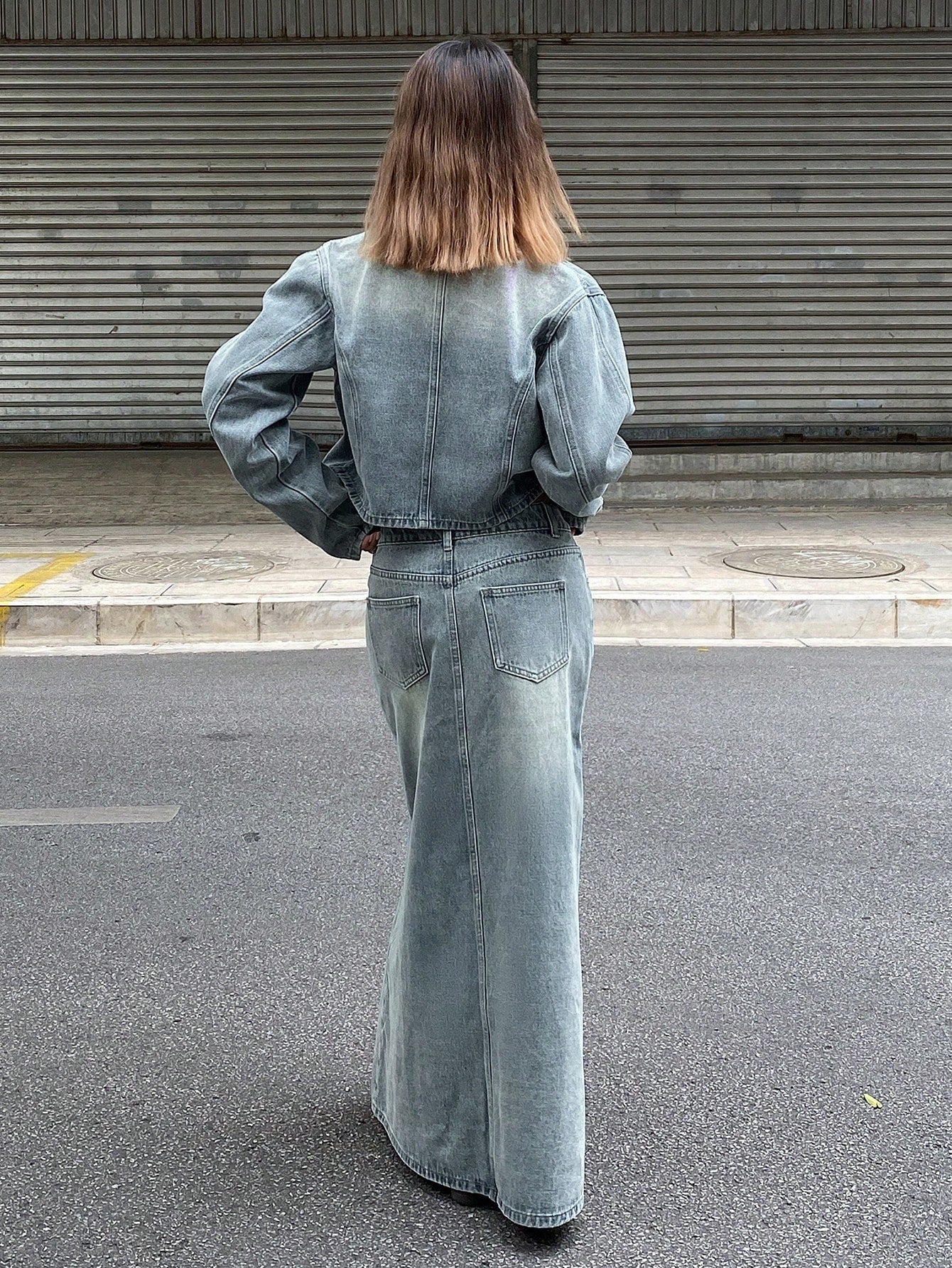 CM-SS490737 Women Casual Seoul Style Distressed Stand Collar Zip-Up Jacket With Denim Skirt - Set