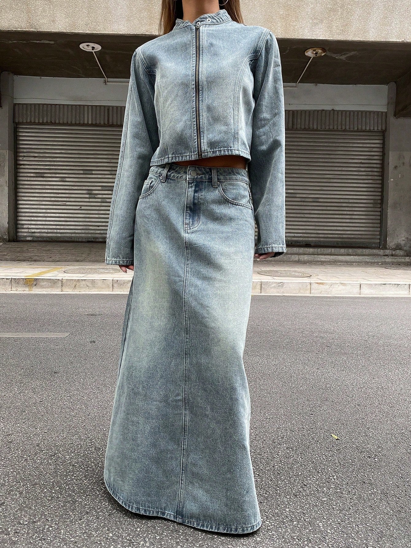 CM-SS490737 Women Casual Seoul Style Distressed Stand Collar Zip-Up Jacket With Denim Skirt - Set