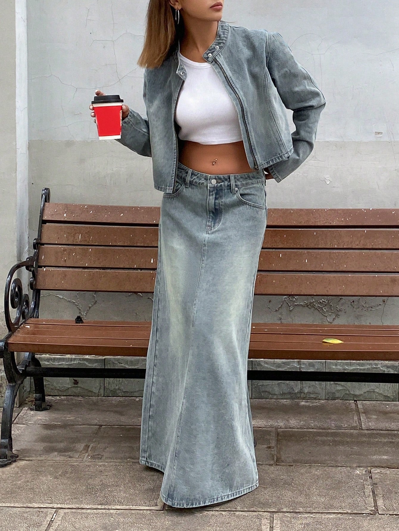 CM-SS490737 Women Casual Seoul Style Distressed Stand Collar Zip-Up Jacket With Denim Skirt - Set
