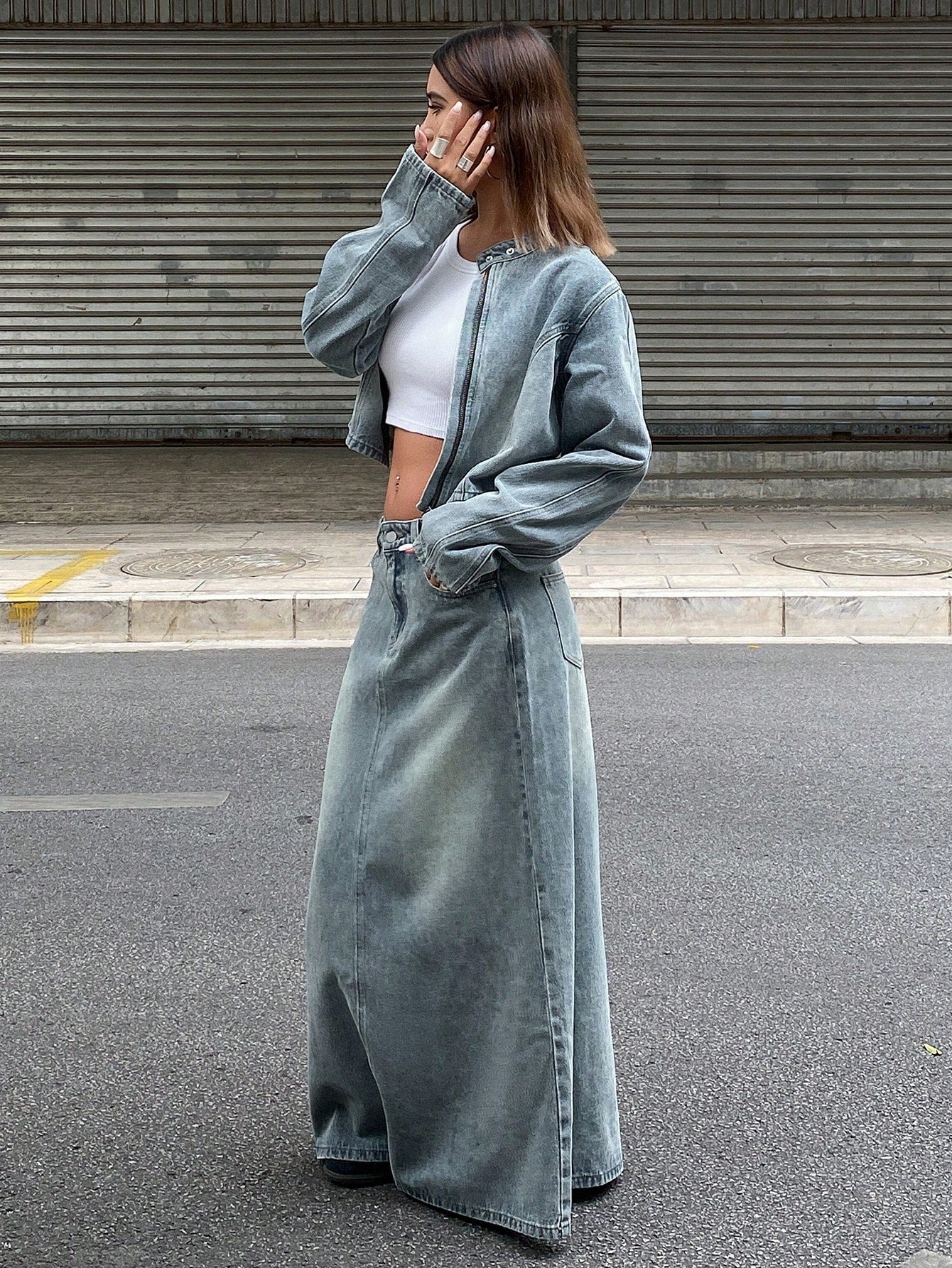 CM-SS490737 Women Casual Seoul Style Distressed Stand Collar Zip-Up Jacket With Denim Skirt - Set