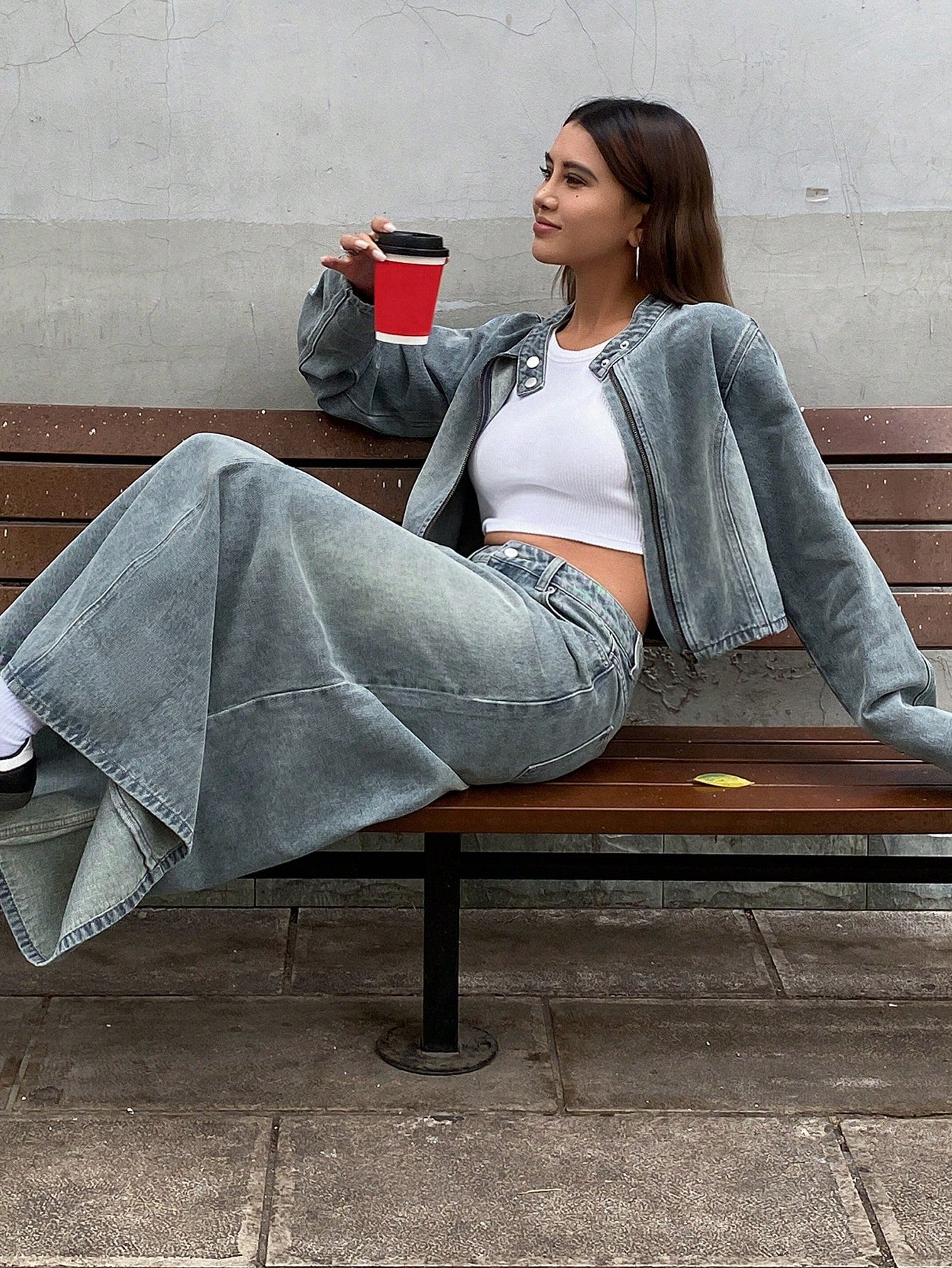 CM-SS490737 Women Casual Seoul Style Distressed Stand Collar Zip-Up Jacket With Denim Skirt - Set