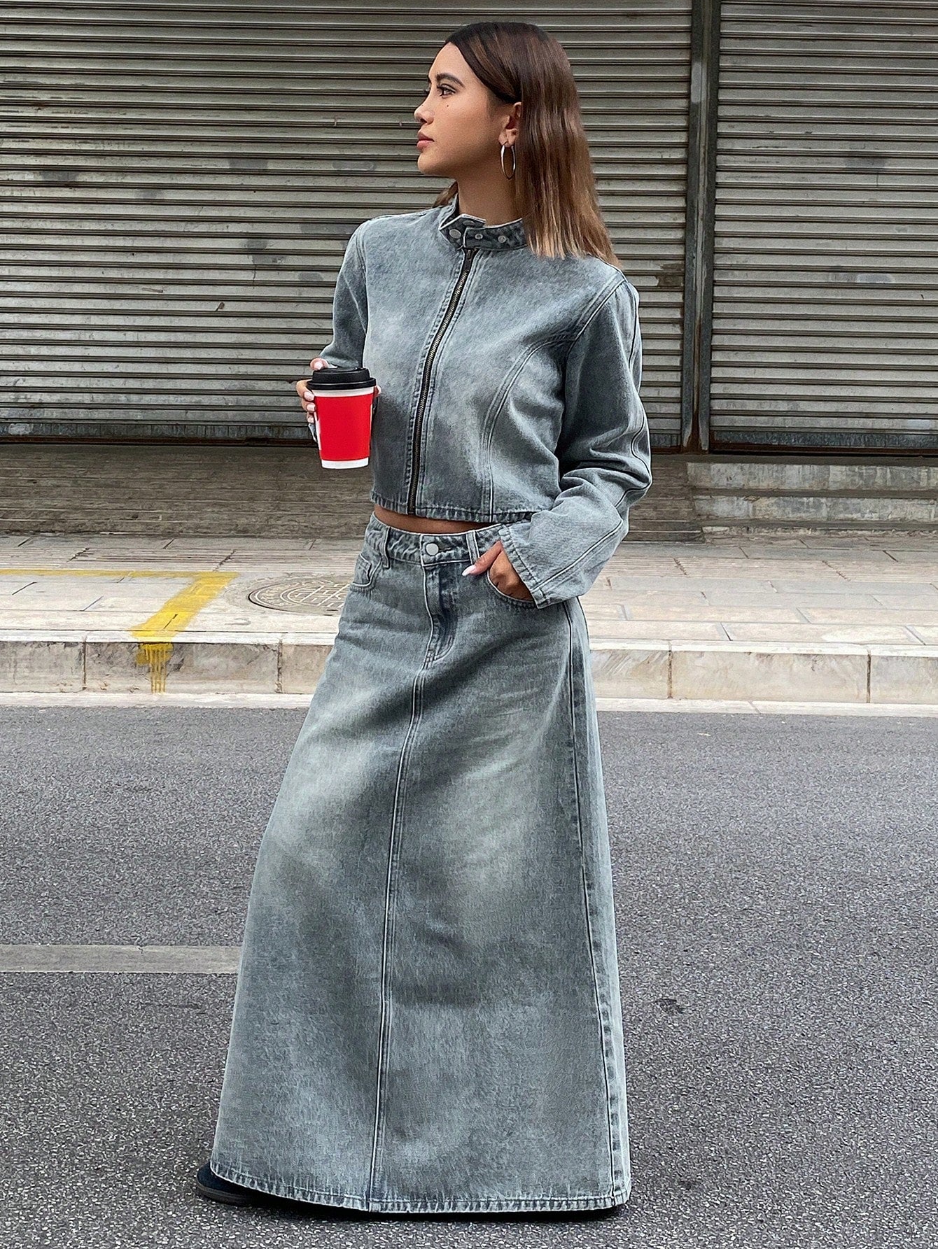 CM-SS490737 Women Casual Seoul Style Distressed Stand Collar Zip-Up Jacket With Denim Skirt - Set