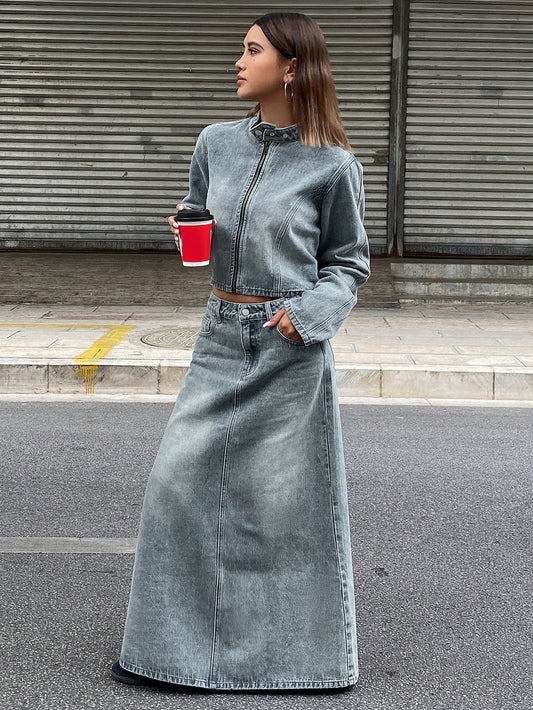 CM-SS490737 Women Casual Seoul Style Distressed Stand Collar Zip-Up Jacket With Denim Skirt - Set