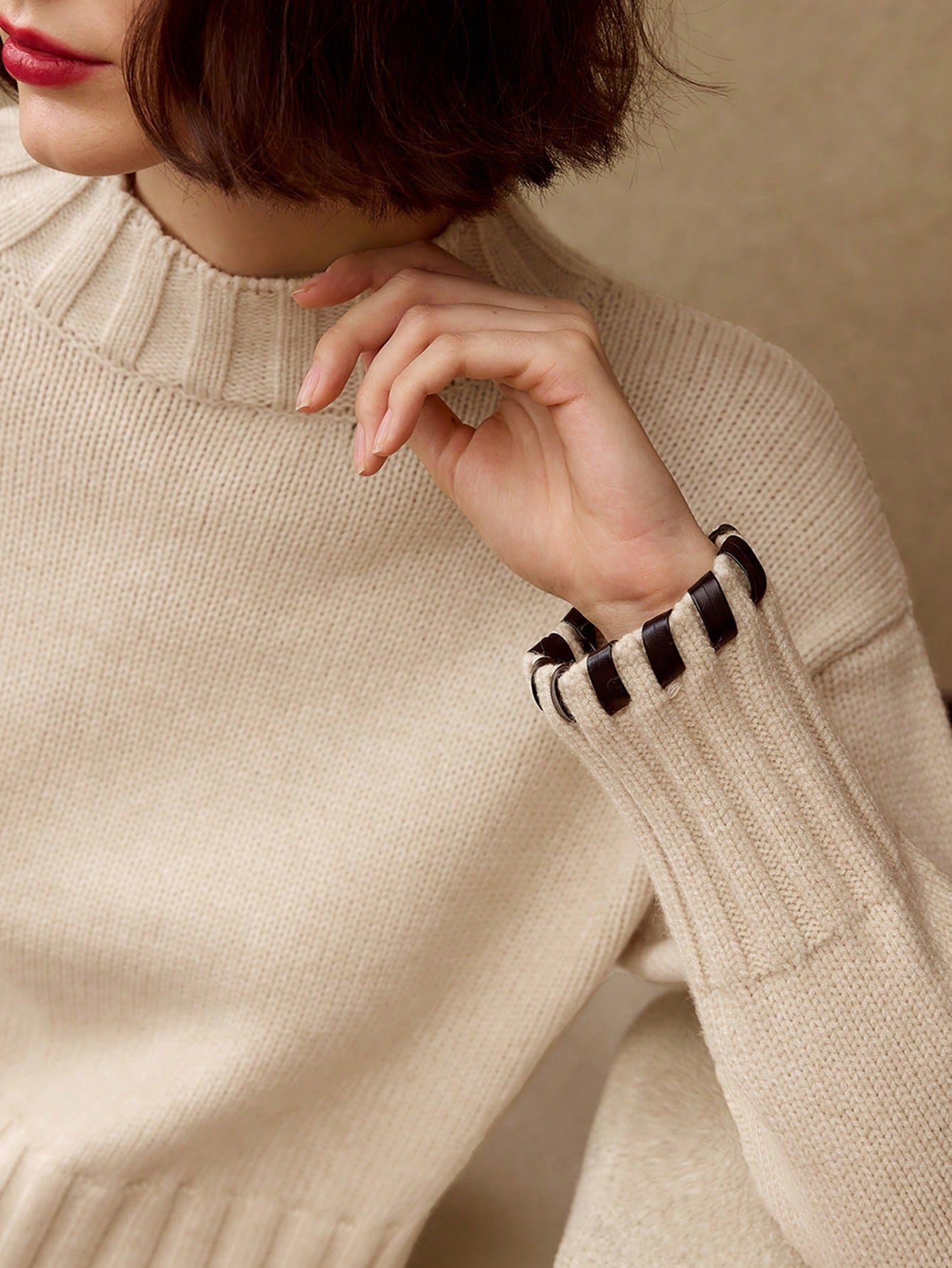 CM-CS124919 Women Elegant Seoul Style Contrast Trim Mock Neck Drop Shoulder Oversized Sweater - Apricot