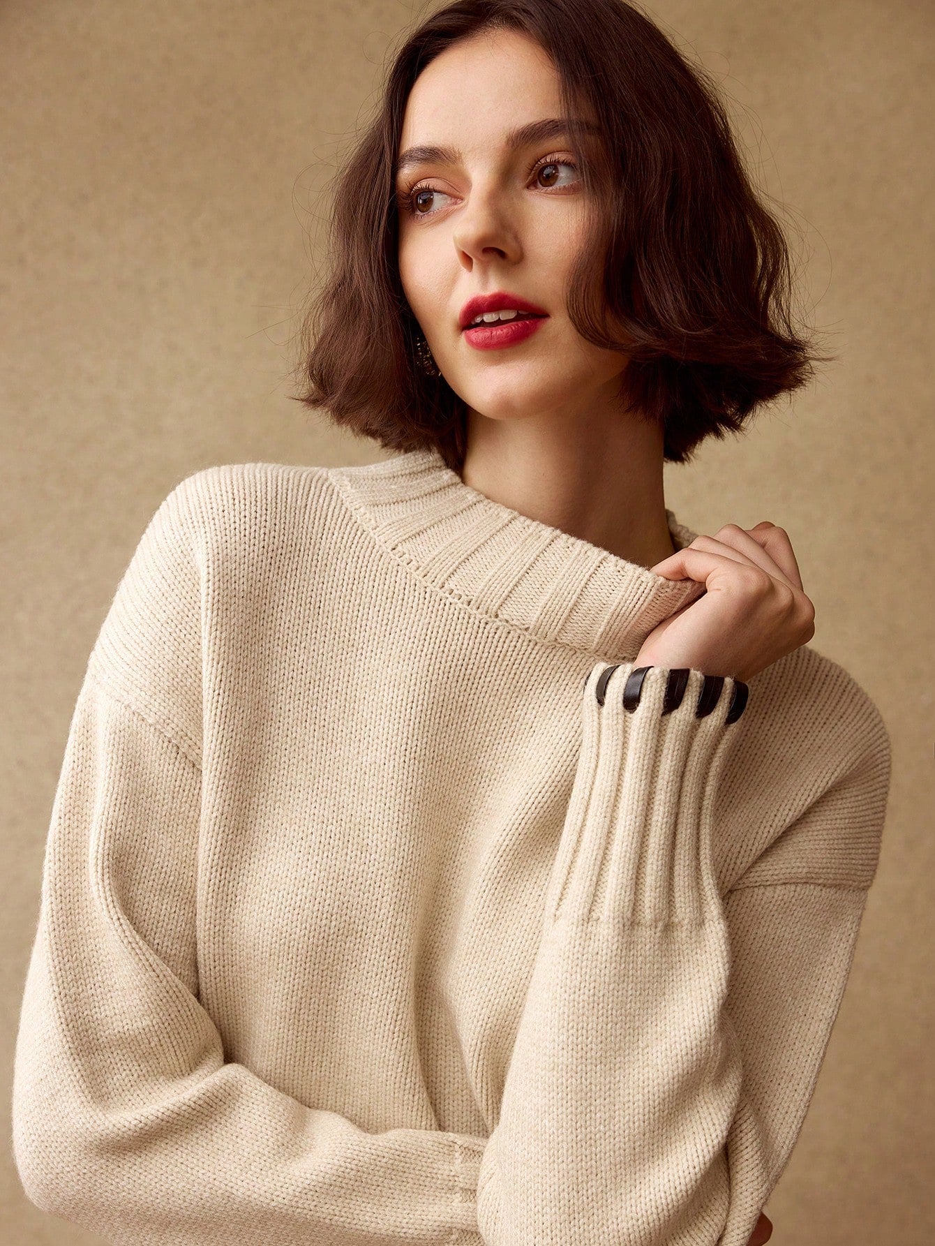 CM-CS124919 Women Elegant Seoul Style Contrast Trim Mock Neck Drop Shoulder Oversized Sweater - Apricot