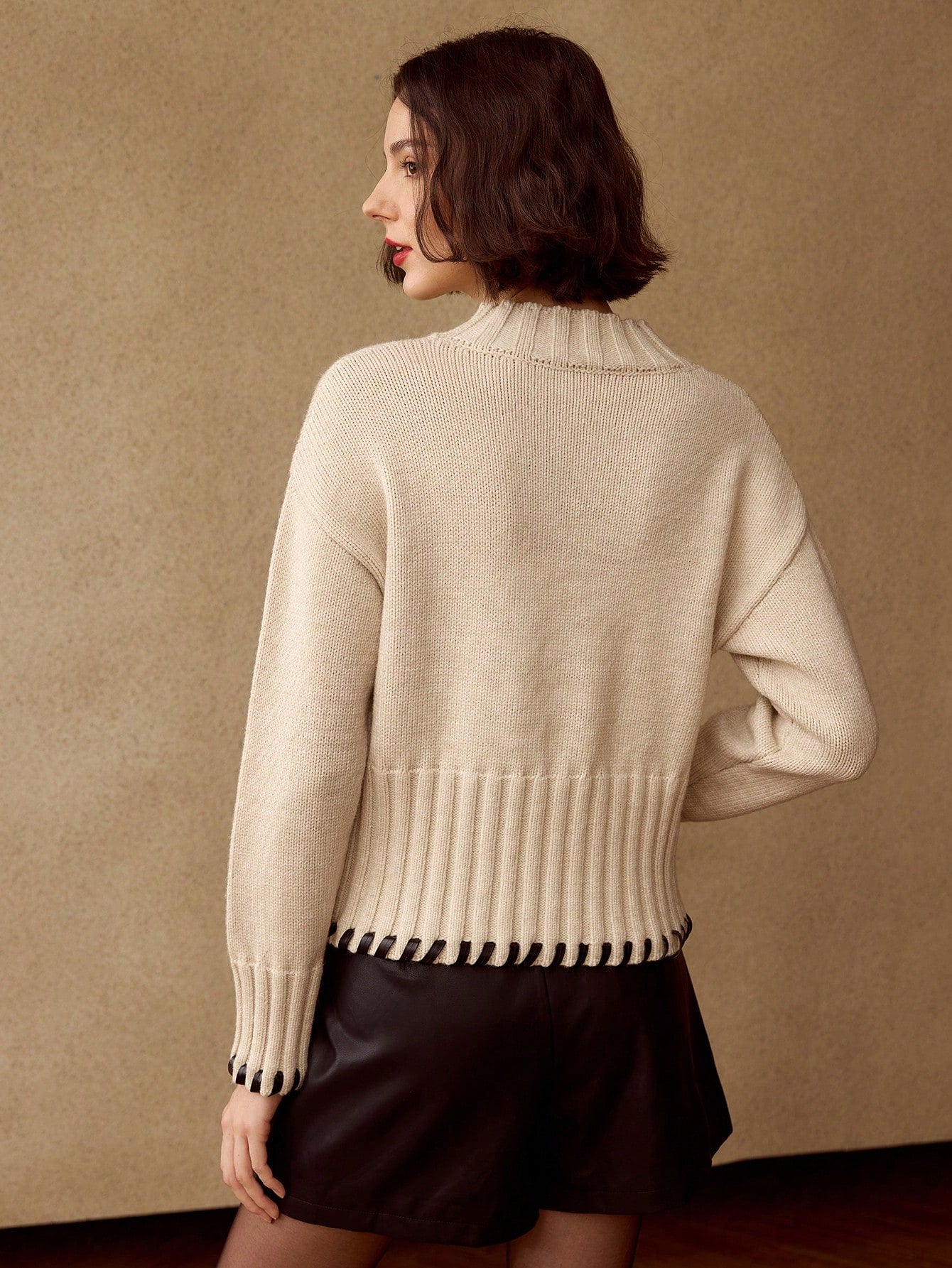 CM-CS124919 Women Elegant Seoul Style Contrast Trim Mock Neck Drop Shoulder Oversized Sweater - Apricot