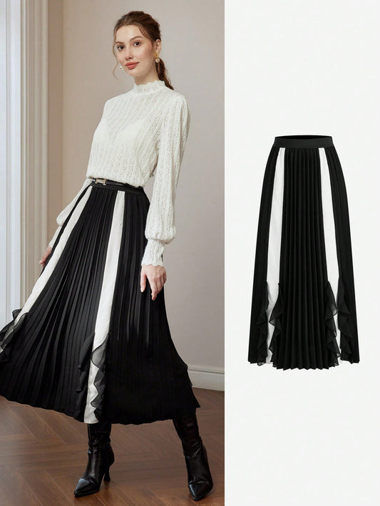 CM-BS084495 Women Elegant Seoul Style Two Tone Ruffle Trim Pleated Panel Skirt