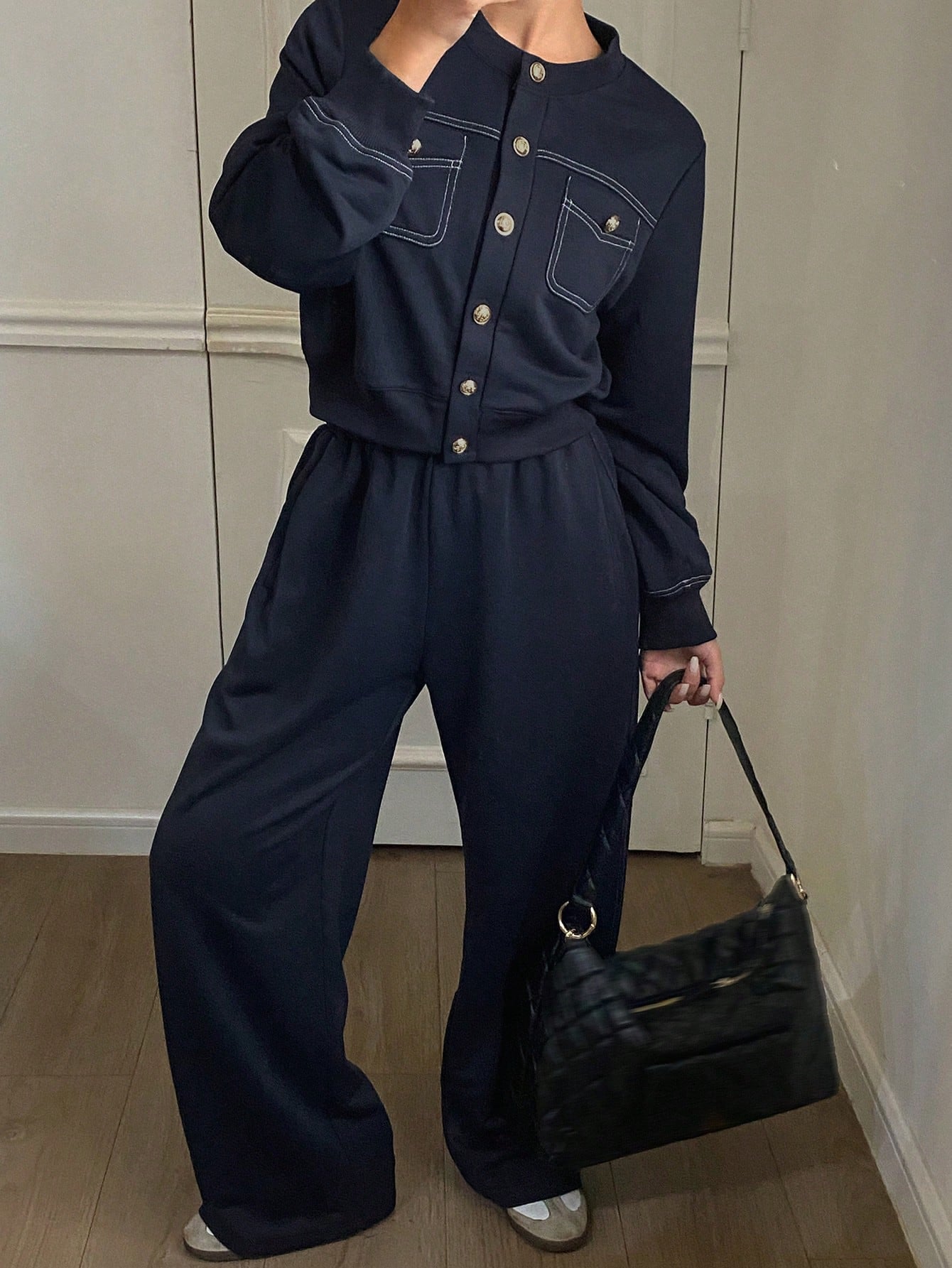 CM-SS607878 Women Casual Seoul Style Solid Color Round Neck Button Front Long Sleeve Top With Pants - Set