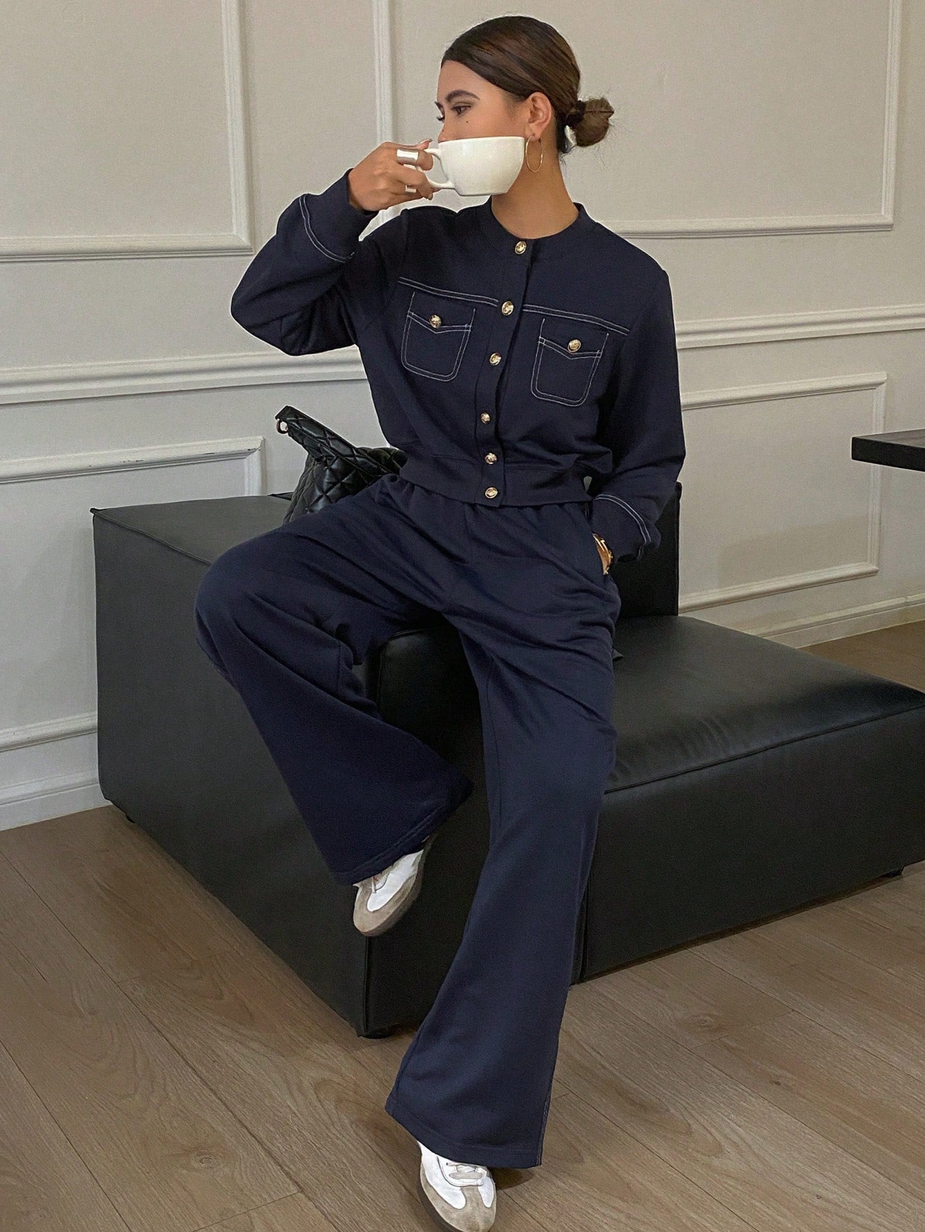 CM-SS607878 Women Casual Seoul Style Solid Color Round Neck Button Front Long Sleeve Top With Pants - Set