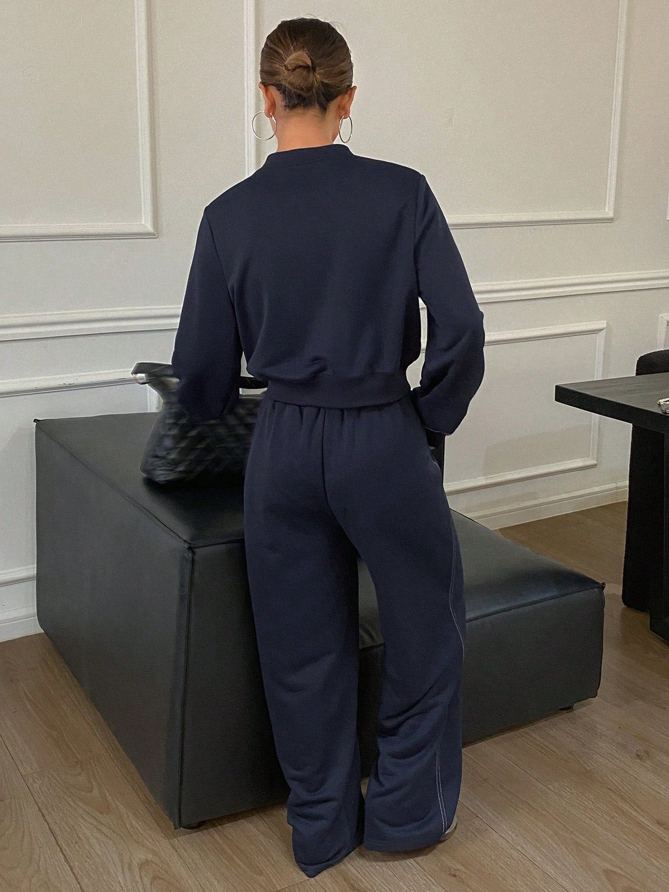 CM-SS607878 Women Casual Seoul Style Solid Color Round Neck Button Front Long Sleeve Top With Pants - Set