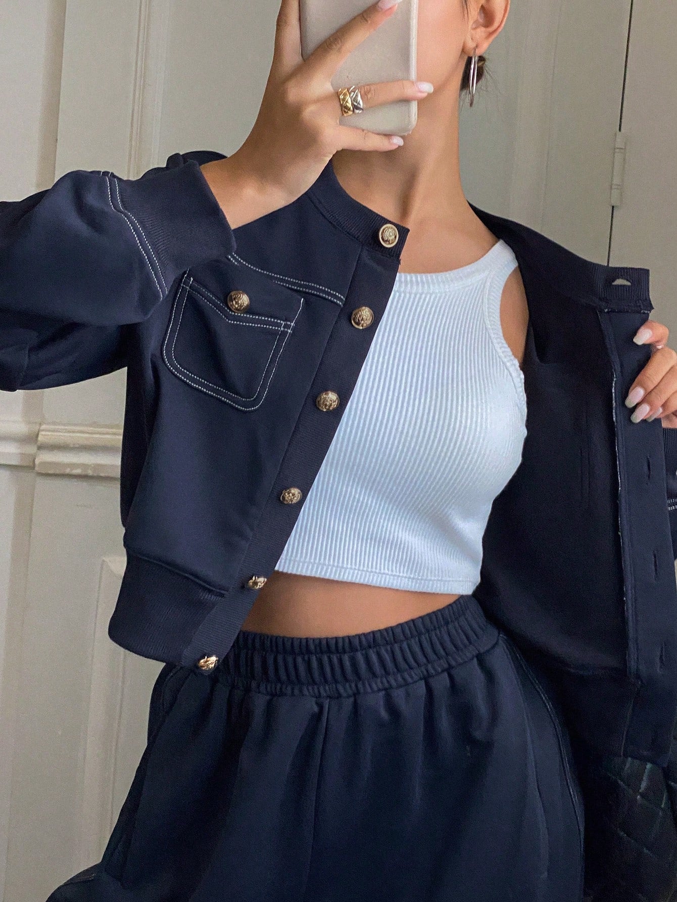 CM-SS607878 Women Casual Seoul Style Solid Color Round Neck Button Front Long Sleeve Top With Pants - Set