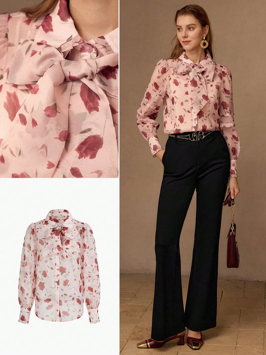 CM-TS244311 Women Elegant Seoul Style Floral All Over Print Tie Front Collar Neckline Long Sleeve Blouse