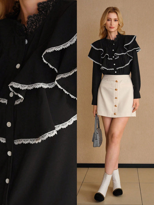 CM-TS288888 Women Elegant Seoul Style Stand Collar Long Sleeve Contast Lace Trim Layered Ruffle Blouse - Black