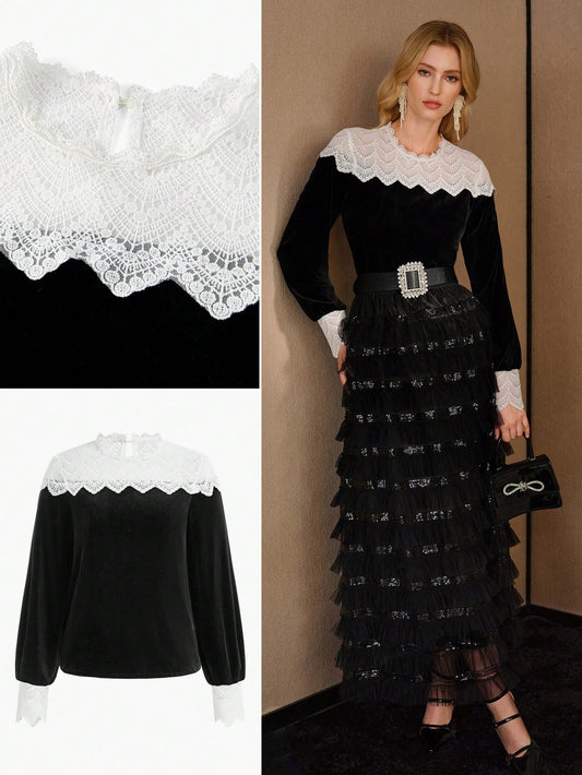 CM-TS444633 Women Elegant Seoul Style Round Neck Long Sleeve Velvet Contrats Lace Yoke Blouse - Black