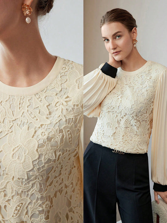 CM-TS555955 Women Elegant Seoul Style Round Neck Lantern Sleeve Guipure Lace Pleated Blouse - Apricot