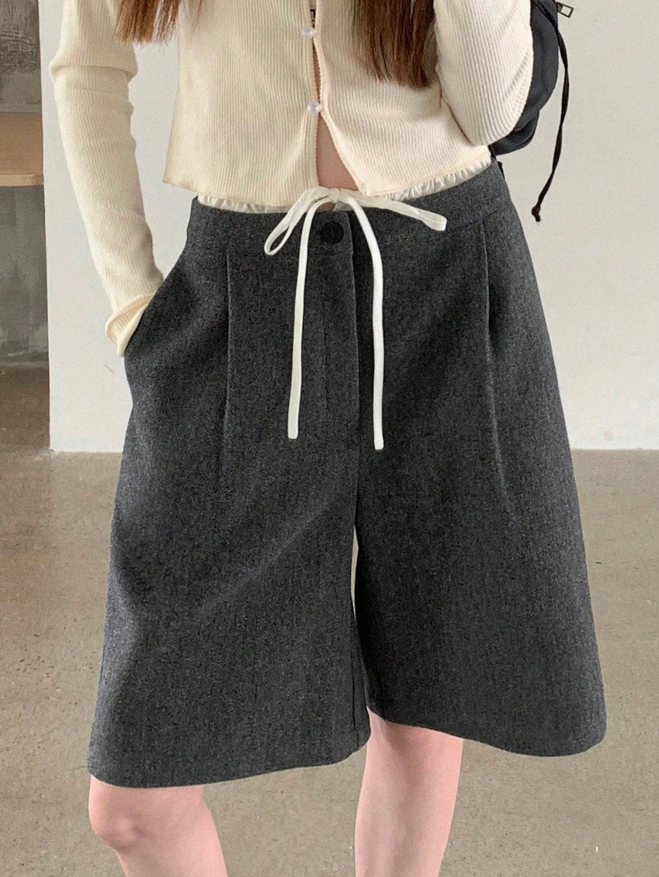 CM-BS882809 Women Casual Seoul Style Wool-Blend Drawstring Mock Layer Pocket Shorts - Gray