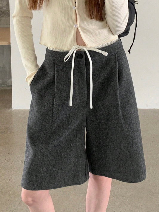 CM-BS882809 Women Casual Seoul Style Wool-Blend Drawstring Mock Layer Pocket Shorts - Gray