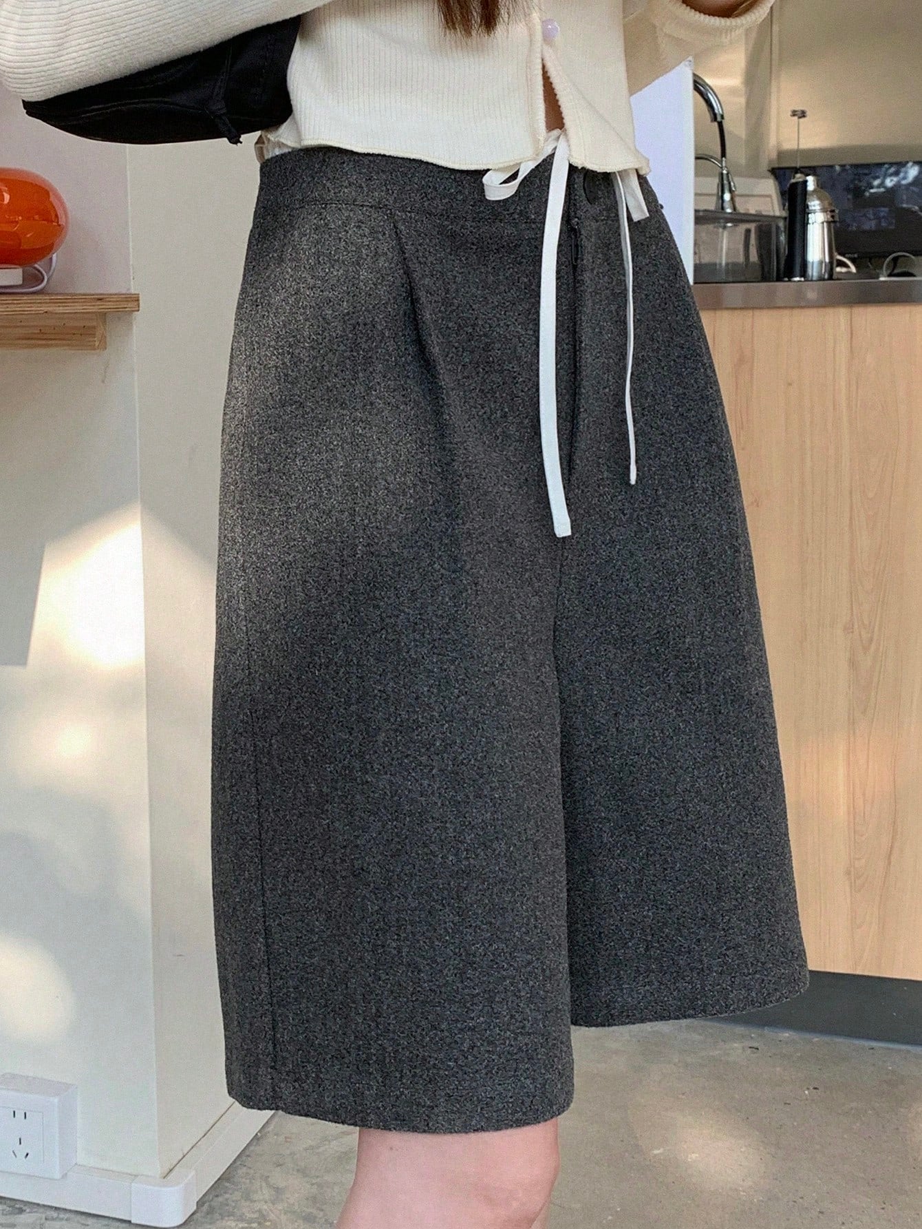 CM-BS882809 Women Casual Seoul Style Wool-Blend Drawstring Mock Layer Pocket Shorts - Gray