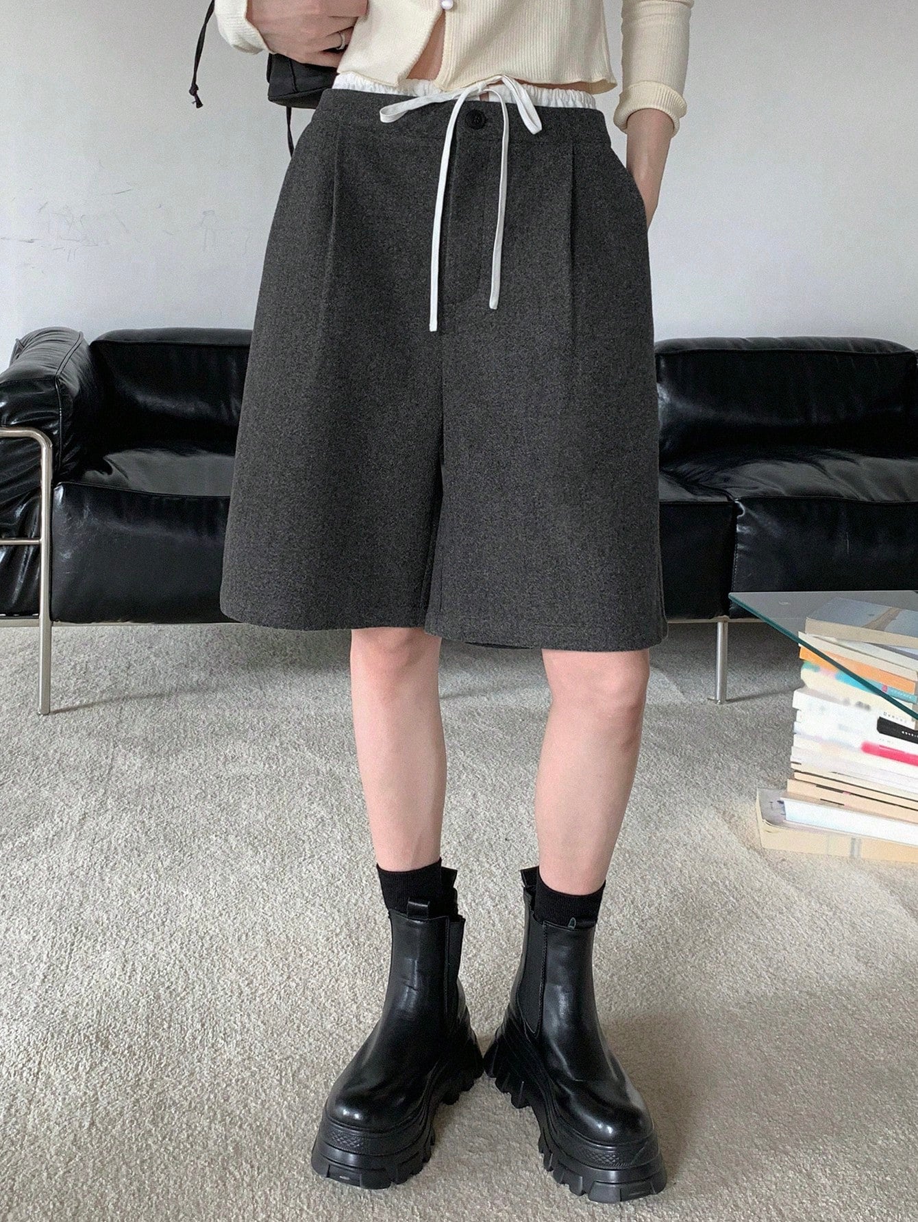 CM-BS882809 Women Casual Seoul Style Wool-Blend Drawstring Mock Layer Pocket Shorts - Gray