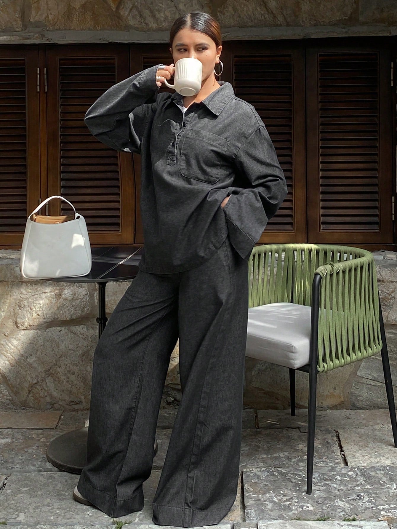 CM-SS058814 Women Casual Seoul Style Drop Shoulder Denim Blouse With Long Pants - Set