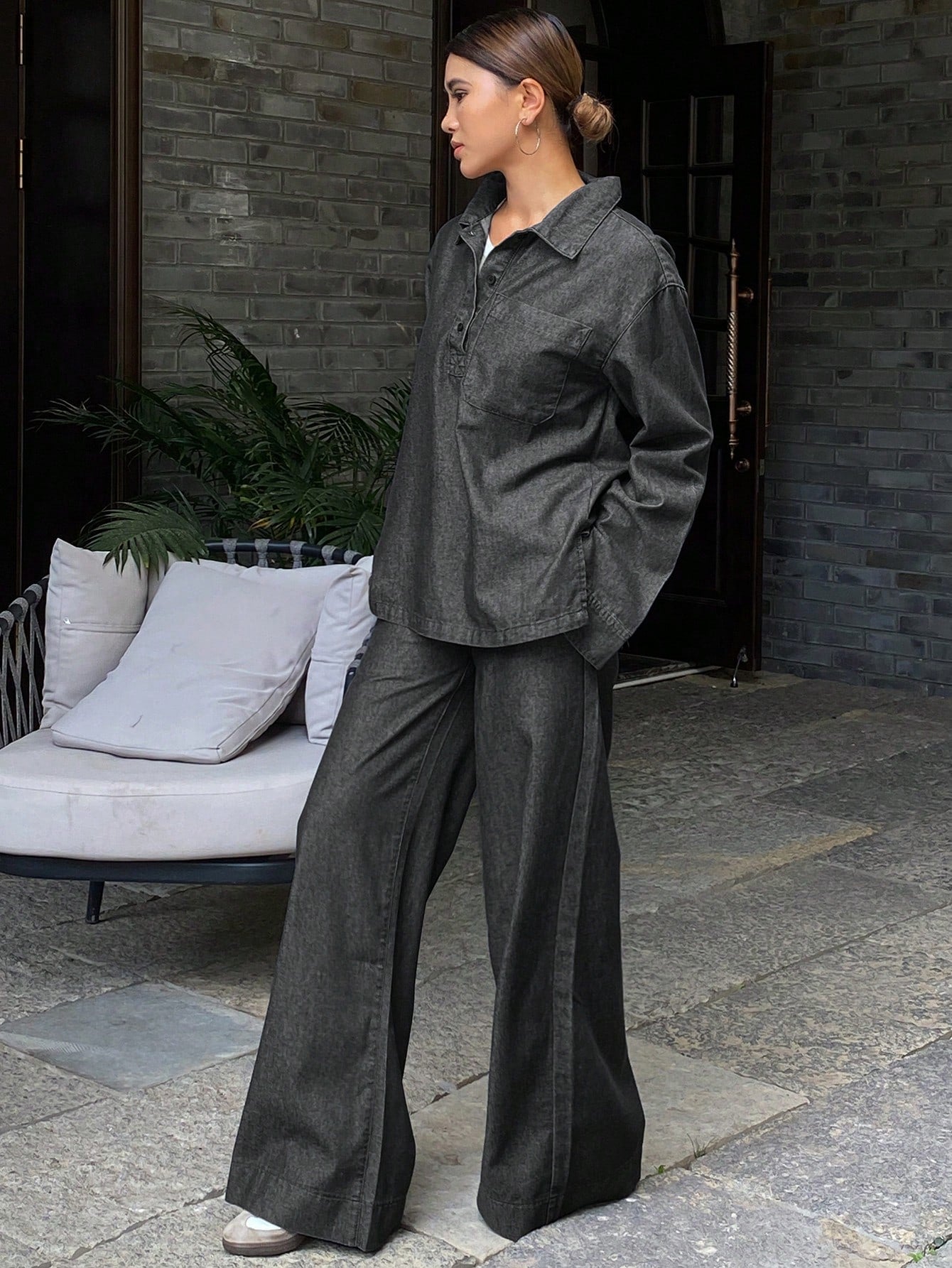 CM-SS058814 Women Casual Seoul Style Drop Shoulder Denim Blouse With Long Pants - Set
