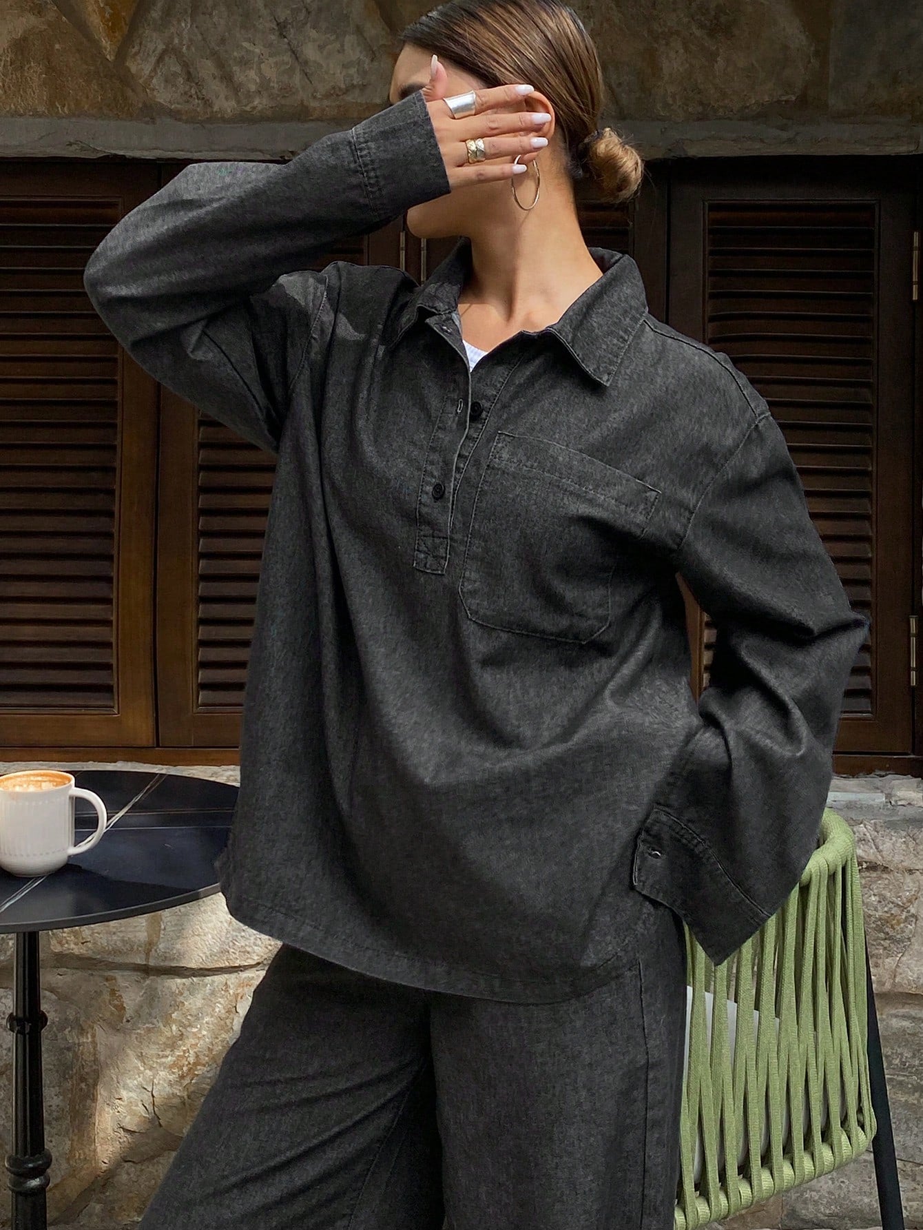 CM-SS058814 Women Casual Seoul Style Drop Shoulder Denim Blouse With Long Pants - Set