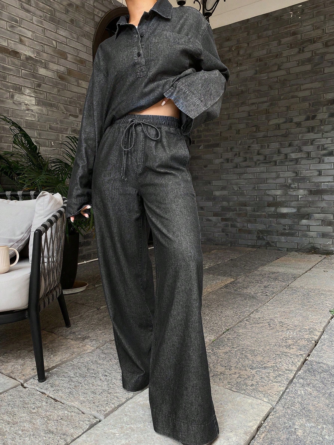 CM-SS058814 Women Casual Seoul Style Drop Shoulder Denim Blouse With Long Pants - Set