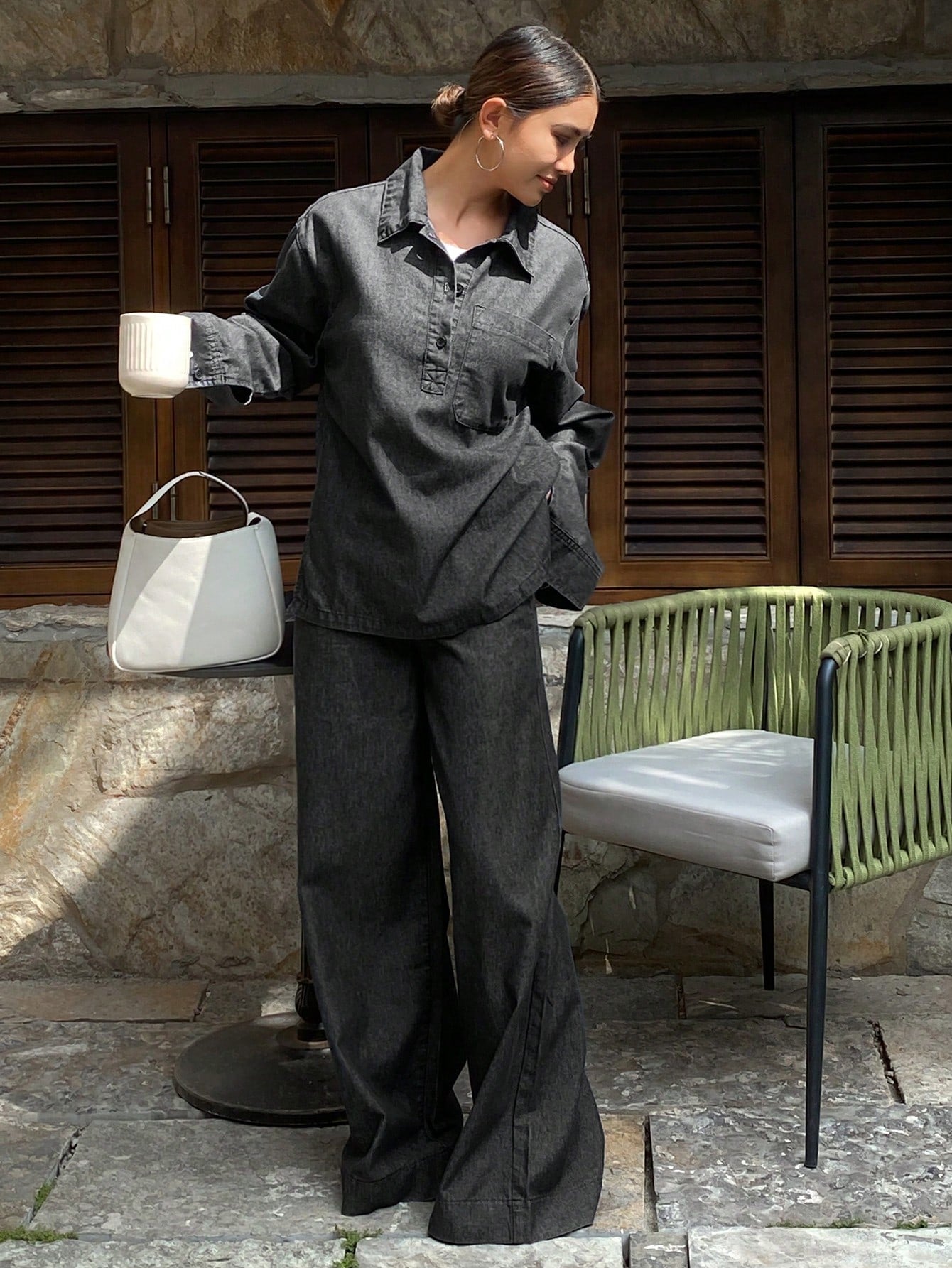 CM-SS058814 Women Casual Seoul Style Drop Shoulder Denim Blouse With Long Pants - Set