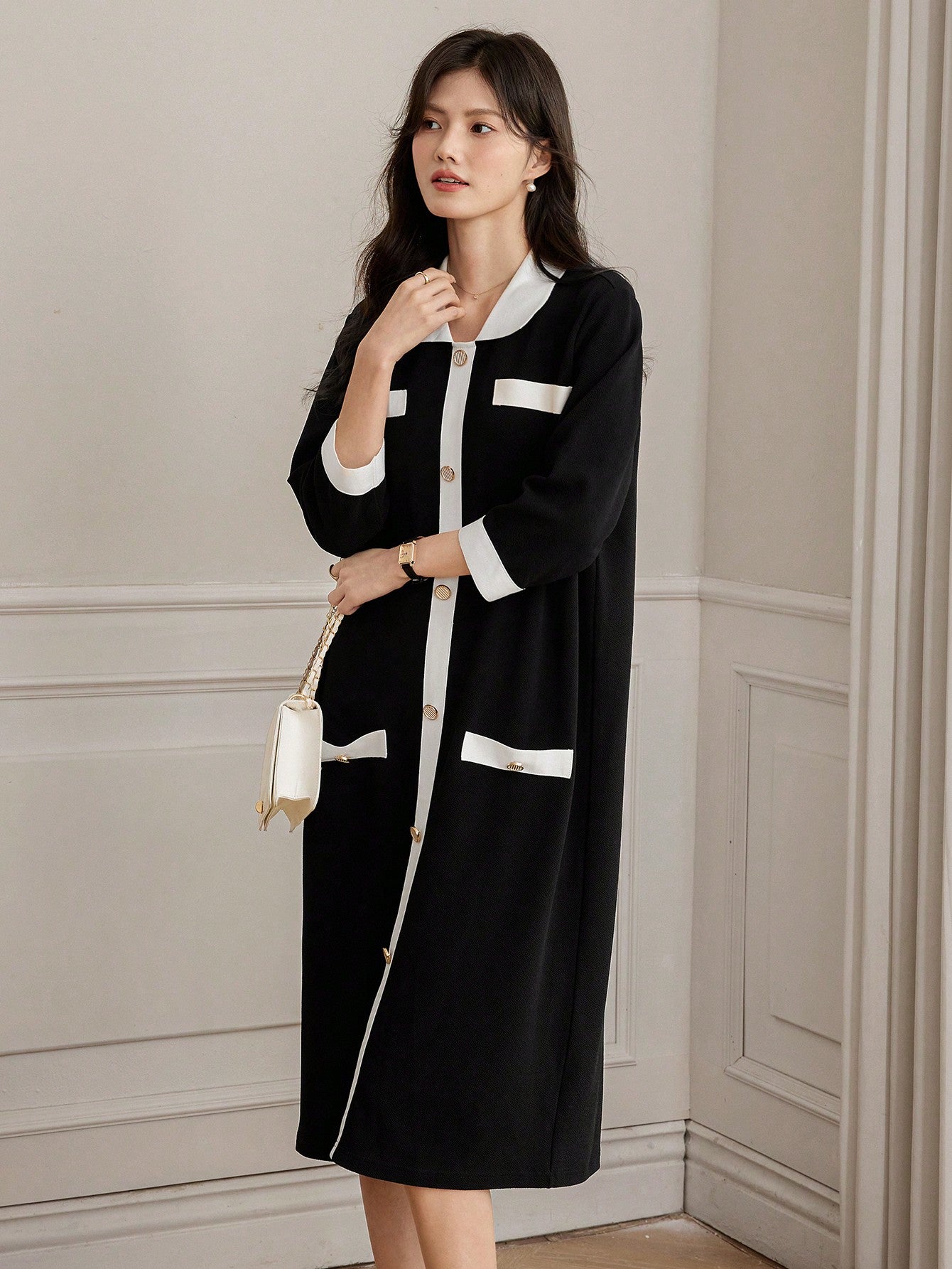 CM-DS190146 Women Casual Seoul Style Colorblock Trim Front Button Loose Straight Dress - Black