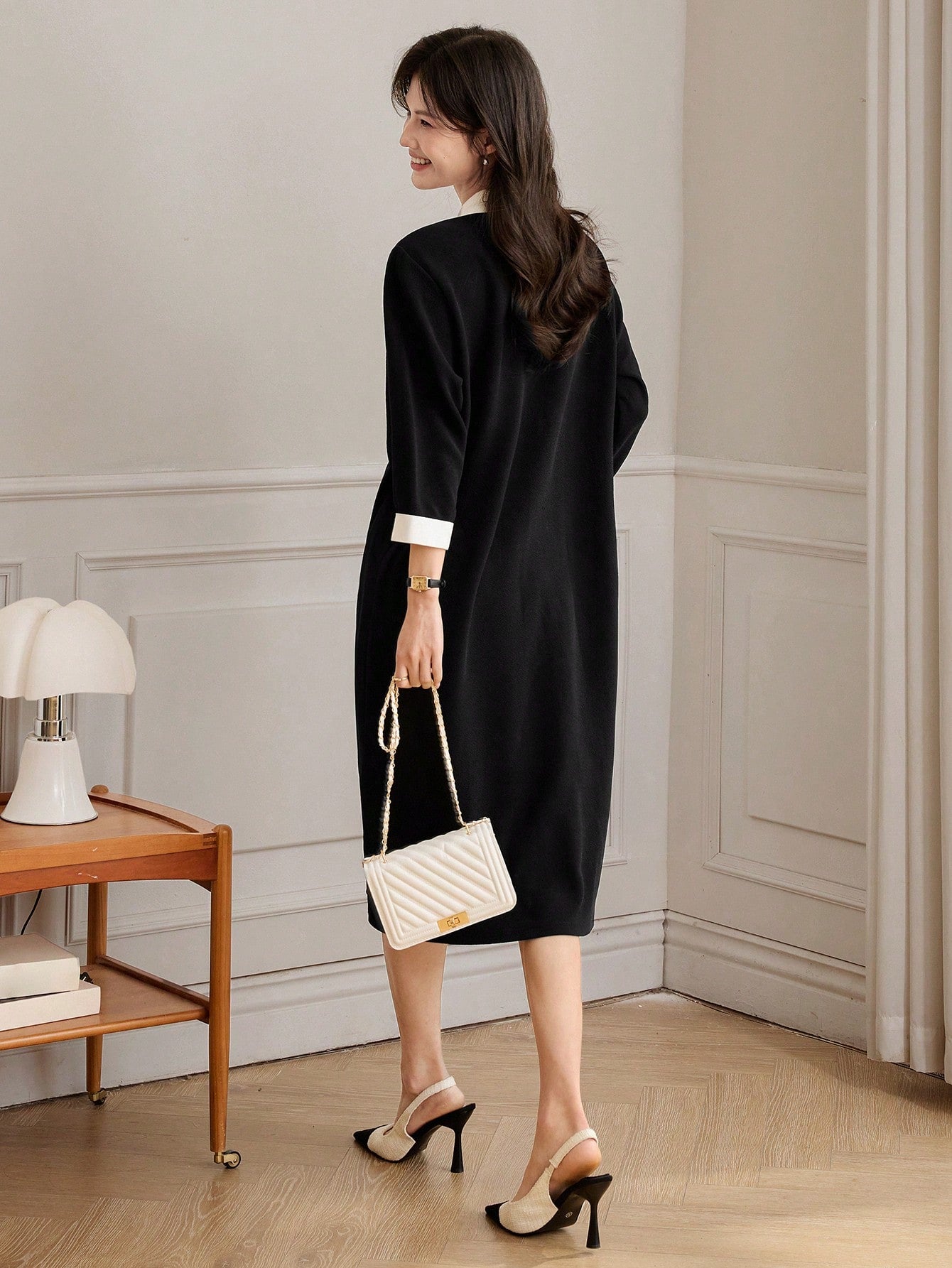 CM-DS190146 Women Casual Seoul Style Colorblock Trim Front Button Loose Straight Dress - Black