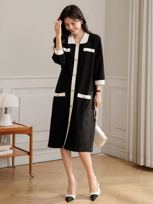 CM-DS190146 Women Casual Seoul Style Colorblock Trim Front Button Loose Straight Dress - Black