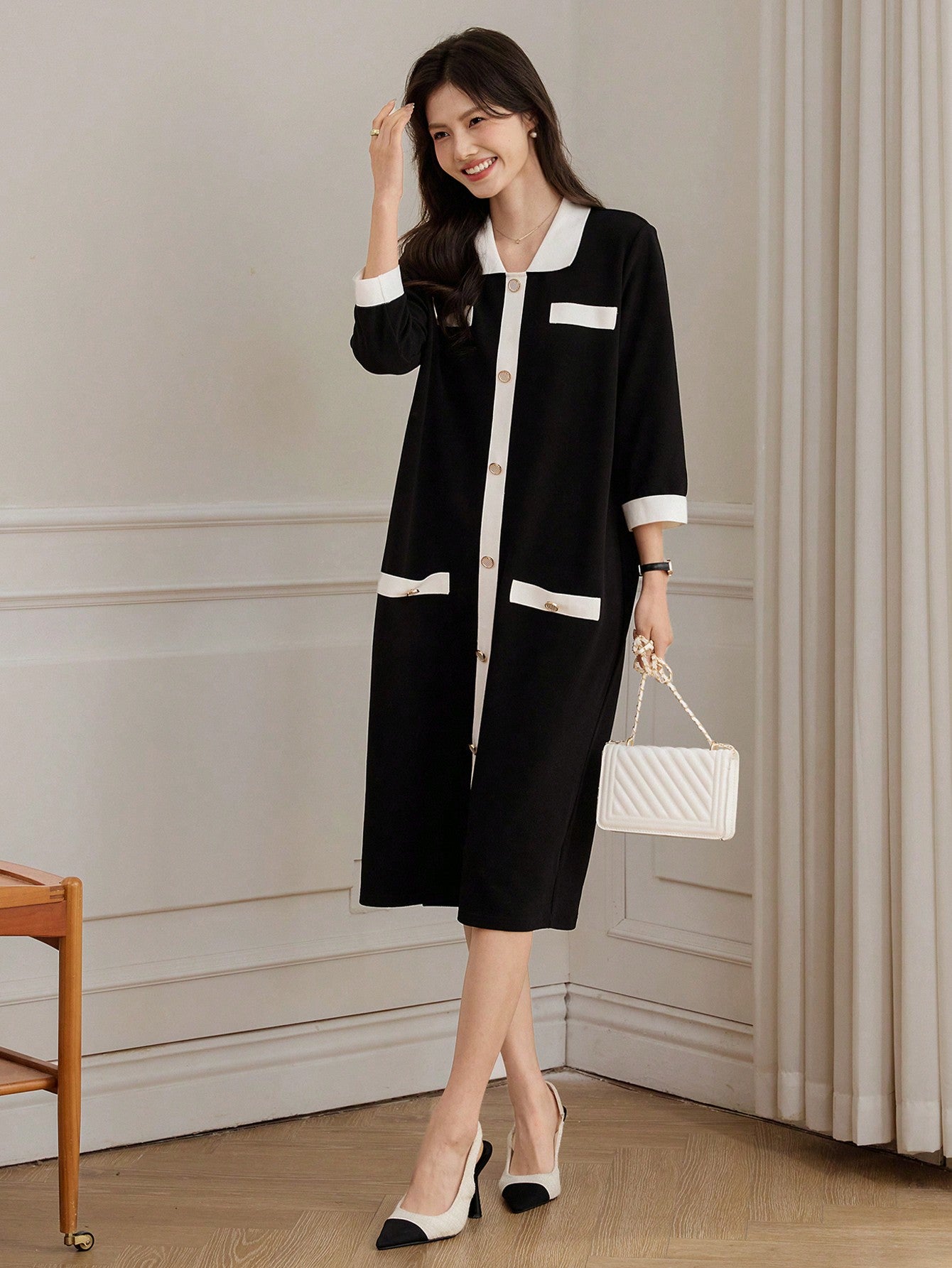 CM-DS190146 Women Casual Seoul Style Colorblock Trim Front Button Loose Straight Dress - Black