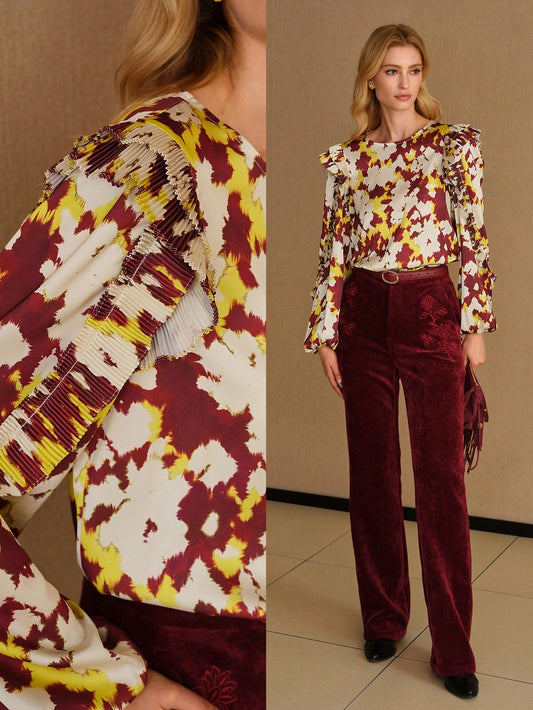 CM-TS619060 Women Elegant Seoul Style All-Over Print Plisse Ruffle Trim Lantern Sleeve Blouse