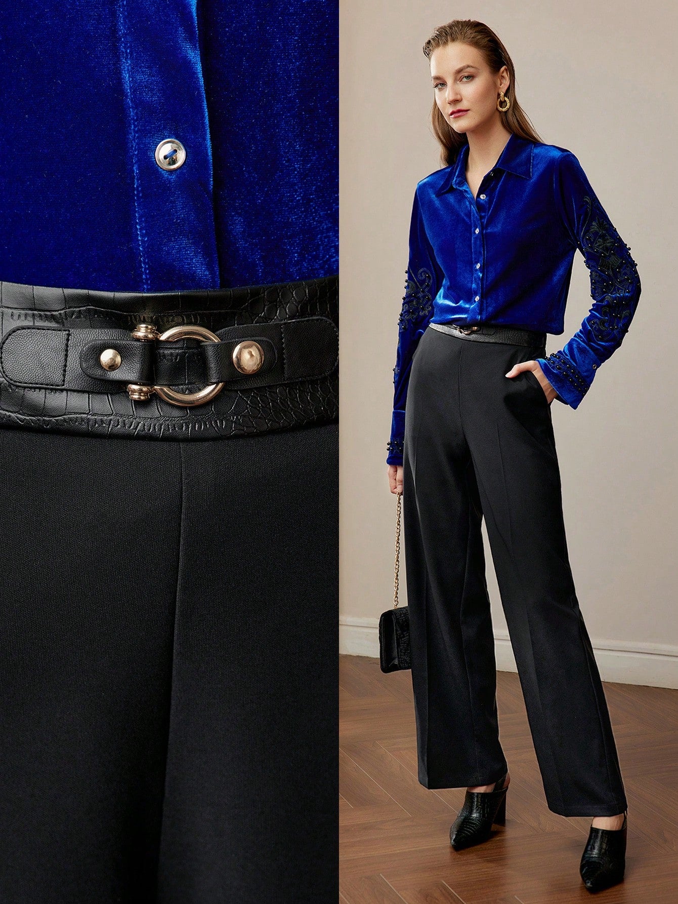 CM-BS763339 Women Elegant Seoul Style Buckle Waist Seam Front Straight Leg Pants - Black