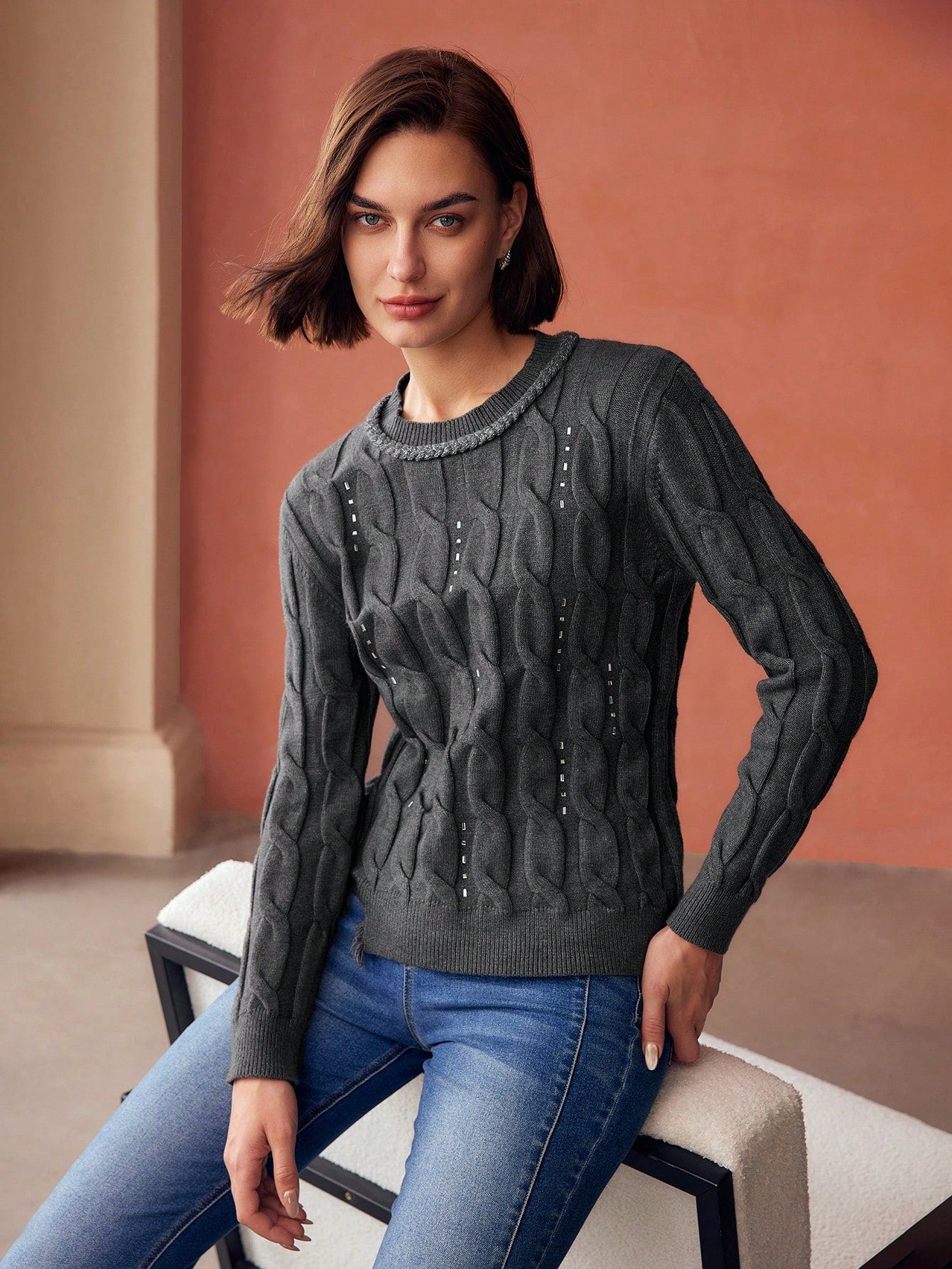 CM-CS800618 Women Elegant Seoul Style Round Neck Long Sleeve Rhinestone Detail Cable Knit Sweater - Gray