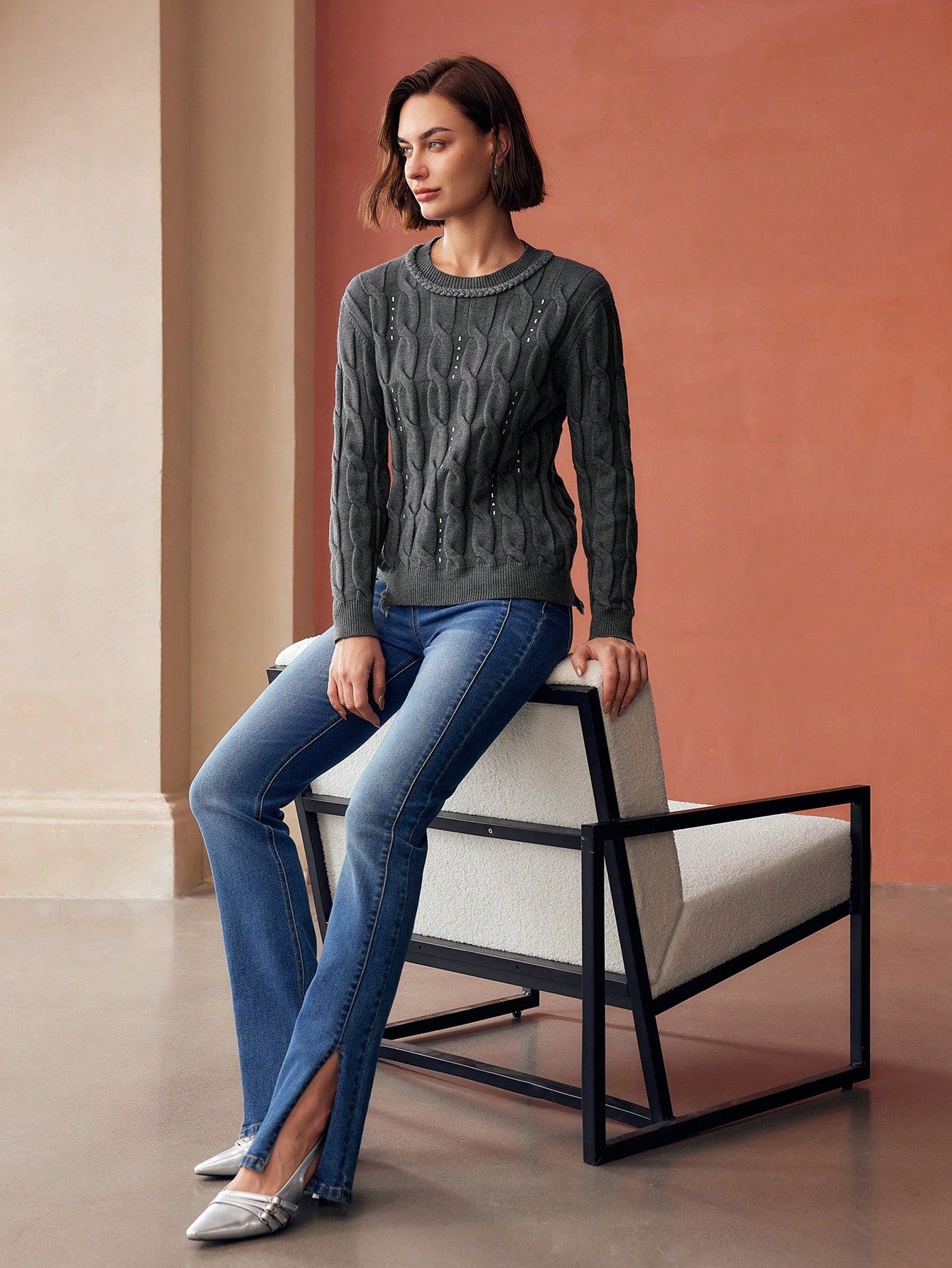 CM-CS800618 Women Elegant Seoul Style Round Neck Long Sleeve Rhinestone Detail Cable Knit Sweater - Gray