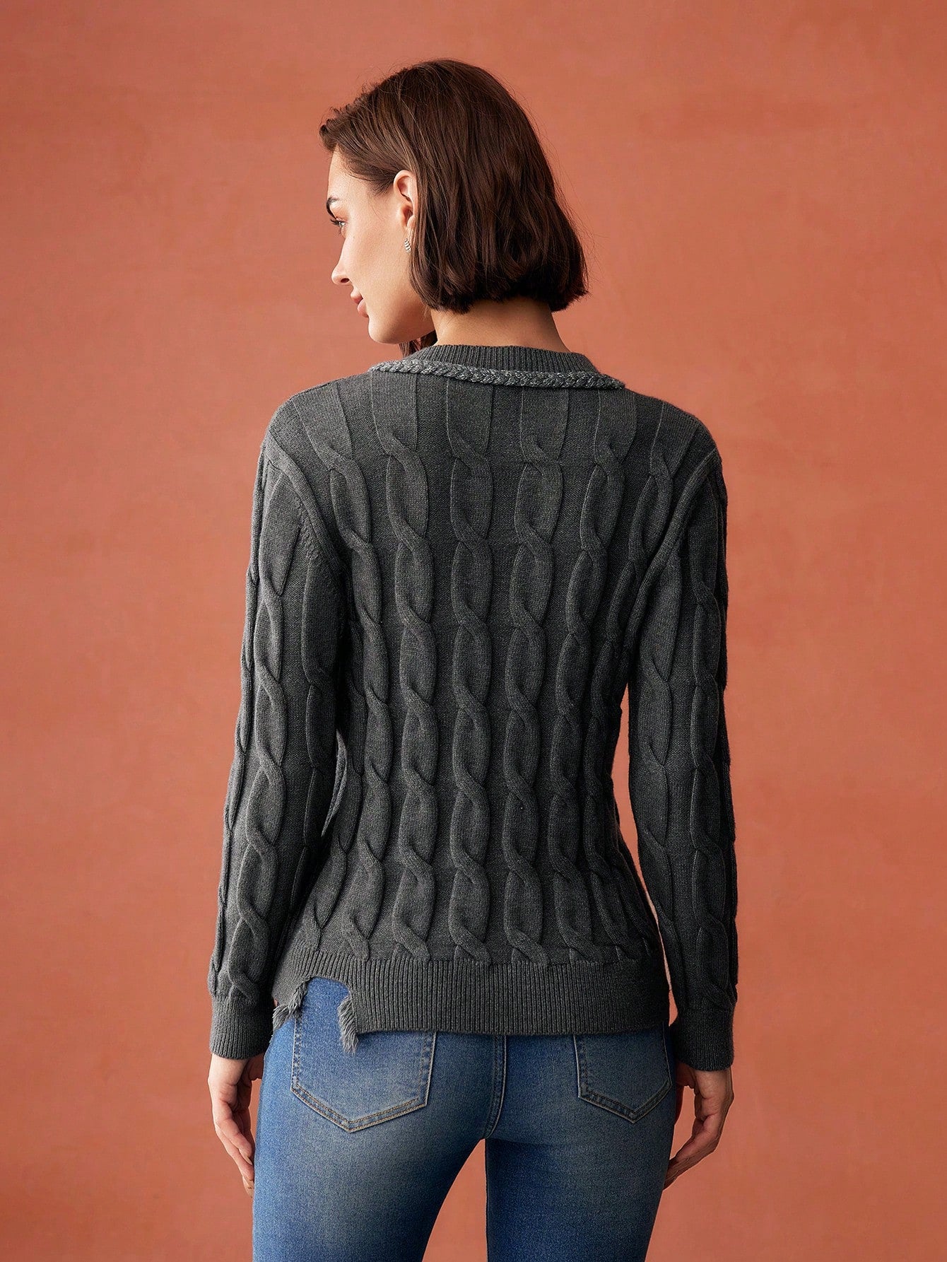 CM-CS800618 Women Elegant Seoul Style Round Neck Long Sleeve Rhinestone Detail Cable Knit Sweater - Gray