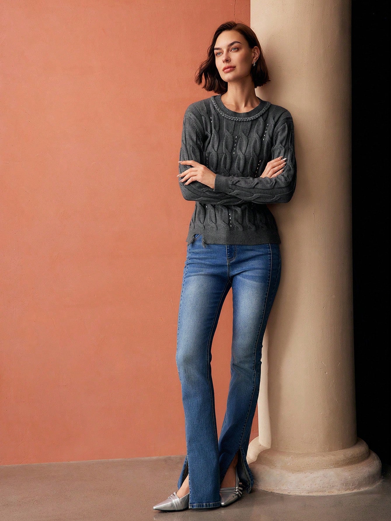 CM-CS800618 Women Elegant Seoul Style Round Neck Long Sleeve Rhinestone Detail Cable Knit Sweater - Gray