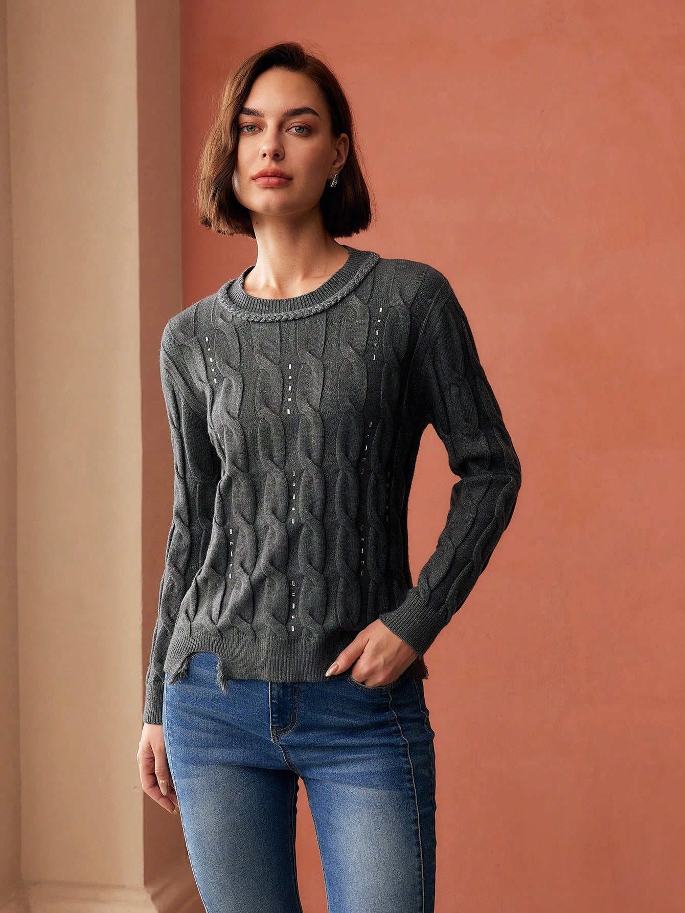 CM-CS800618 Women Elegant Seoul Style Round Neck Long Sleeve Rhinestone Detail Cable Knit Sweater - Gray