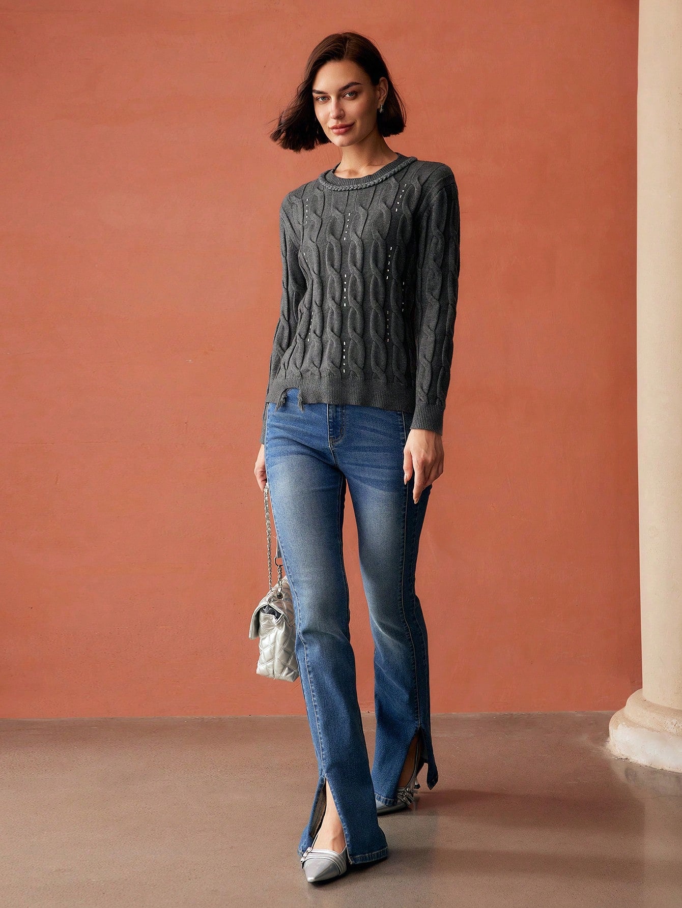 CM-CS800618 Women Elegant Seoul Style Round Neck Long Sleeve Rhinestone Detail Cable Knit Sweater - Gray