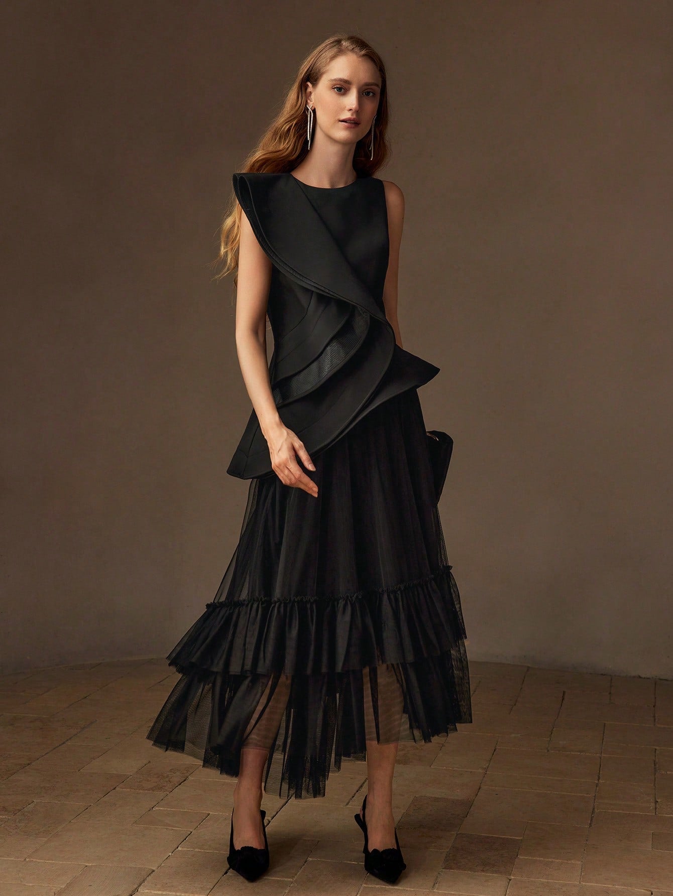 CM-TS446936 Women Elegant Seoul Style Solid Layered Ruffle Trim Asymmetrical Hem Peplum Top - Black